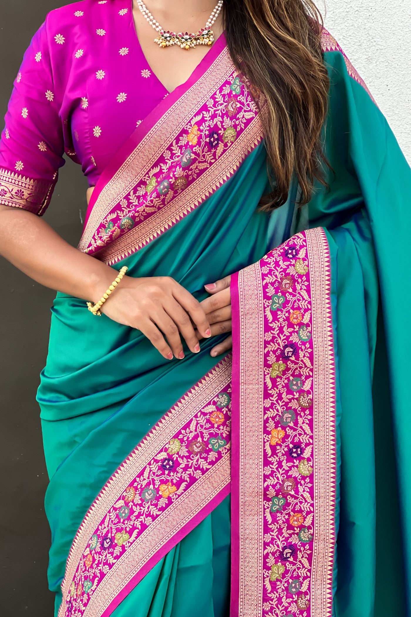 Buy MySilkLove Teal Green and Pink Zari Woven Paithani Saree Online