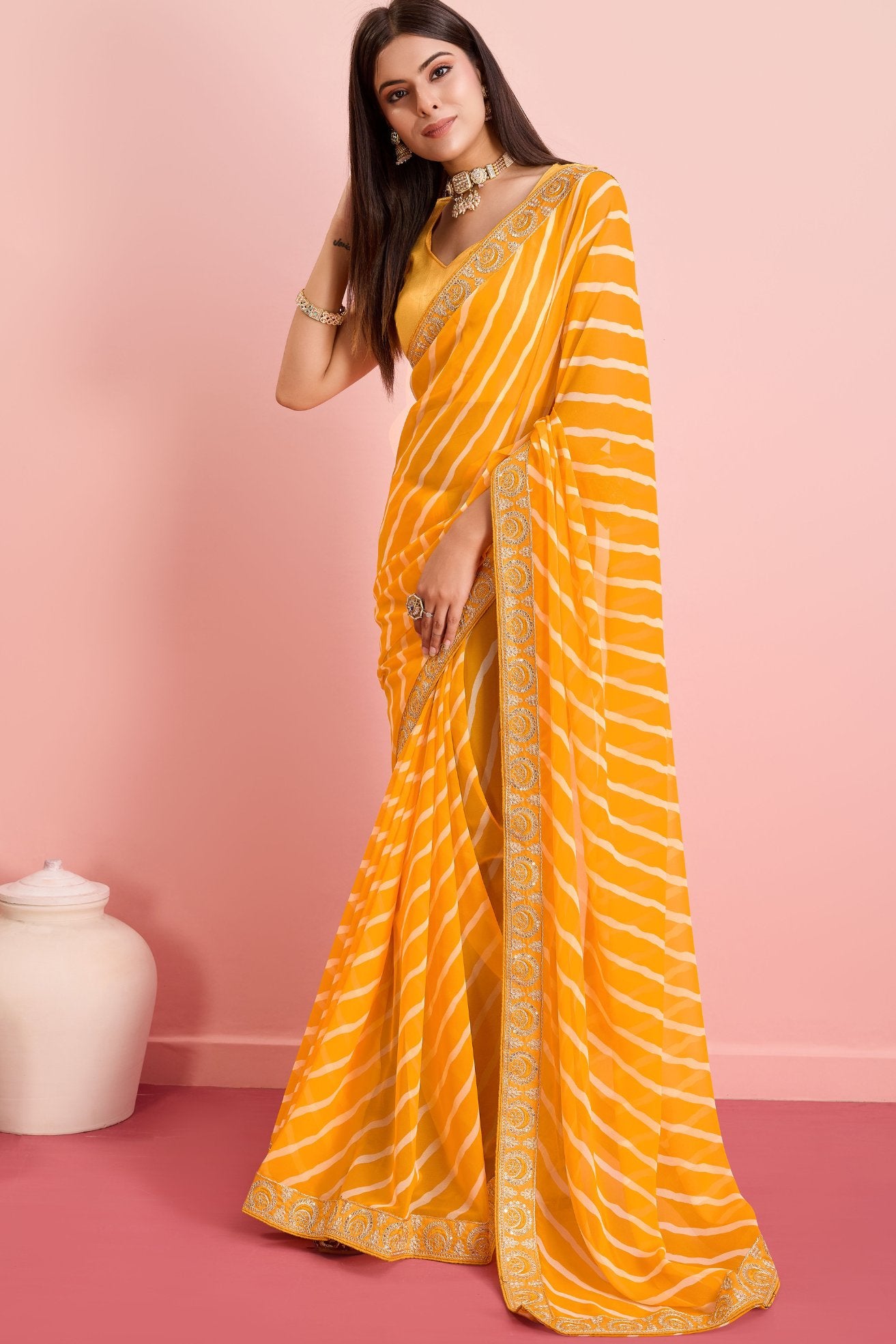 Buy MySilkLove Picasso Yellow Georgette Lehriya Silk saree Online