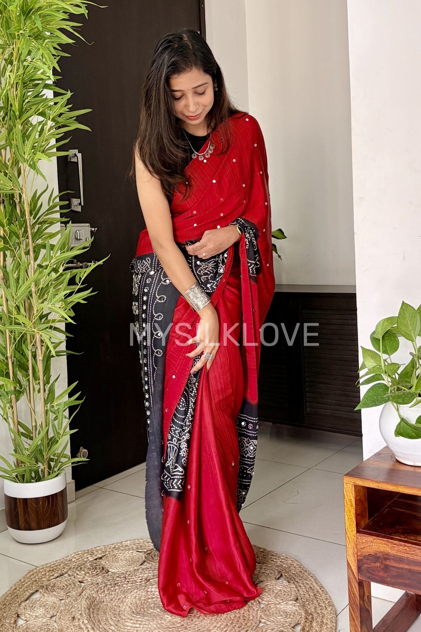 Buy MySilkLove Ruby Red and Black Gaji Bandej Satin Soft Silk Saree Online