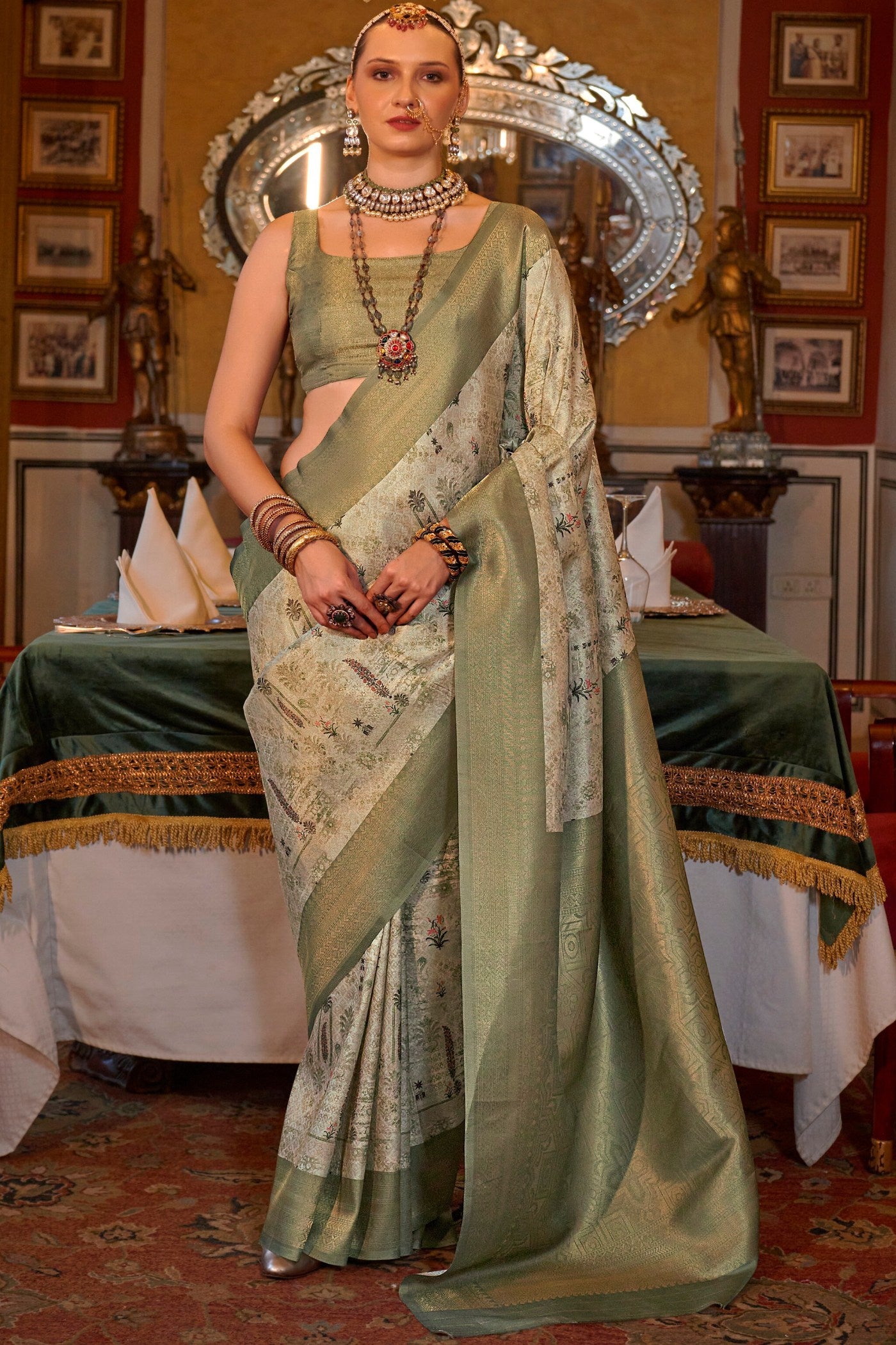 Buy MySilkLove Carnation Green Banarasi Digital Printed Saree Online