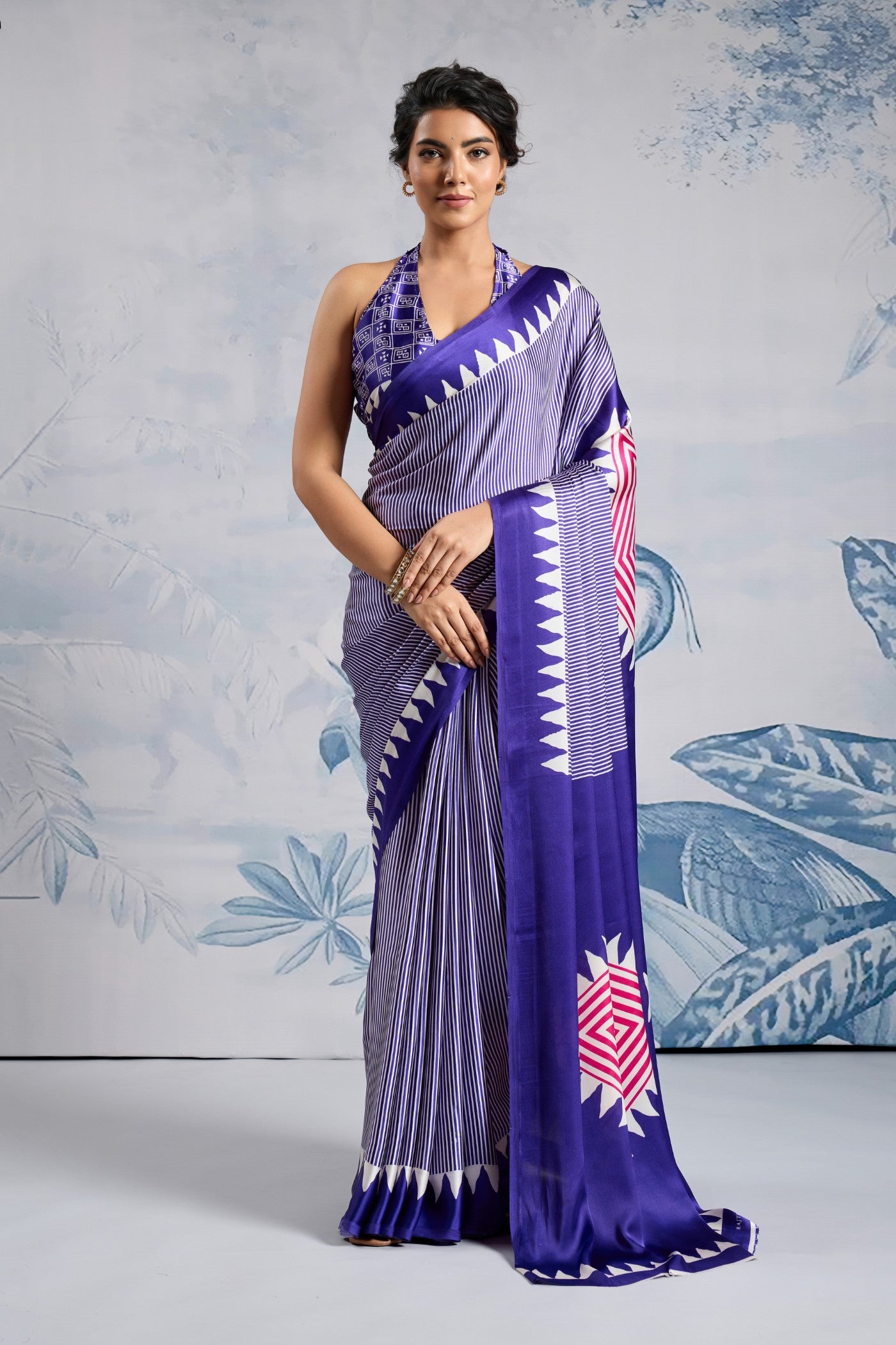 Buy MySilkLove Amatista Purple Stripe Ajrakh Printed Satin Crepe Silk Saree Online