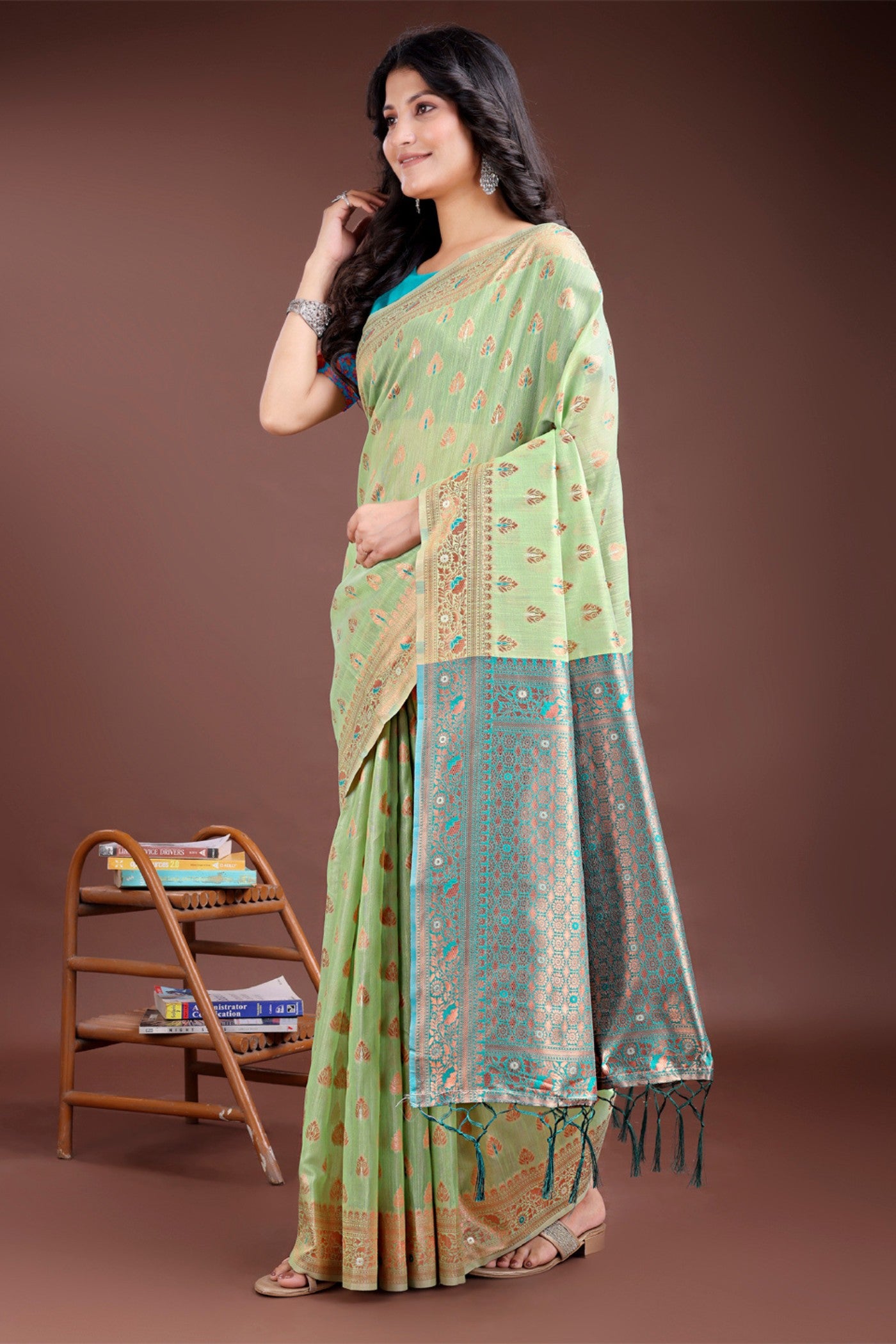 Buy MySilkLove Mantis Green Linen Cotton Saree Online