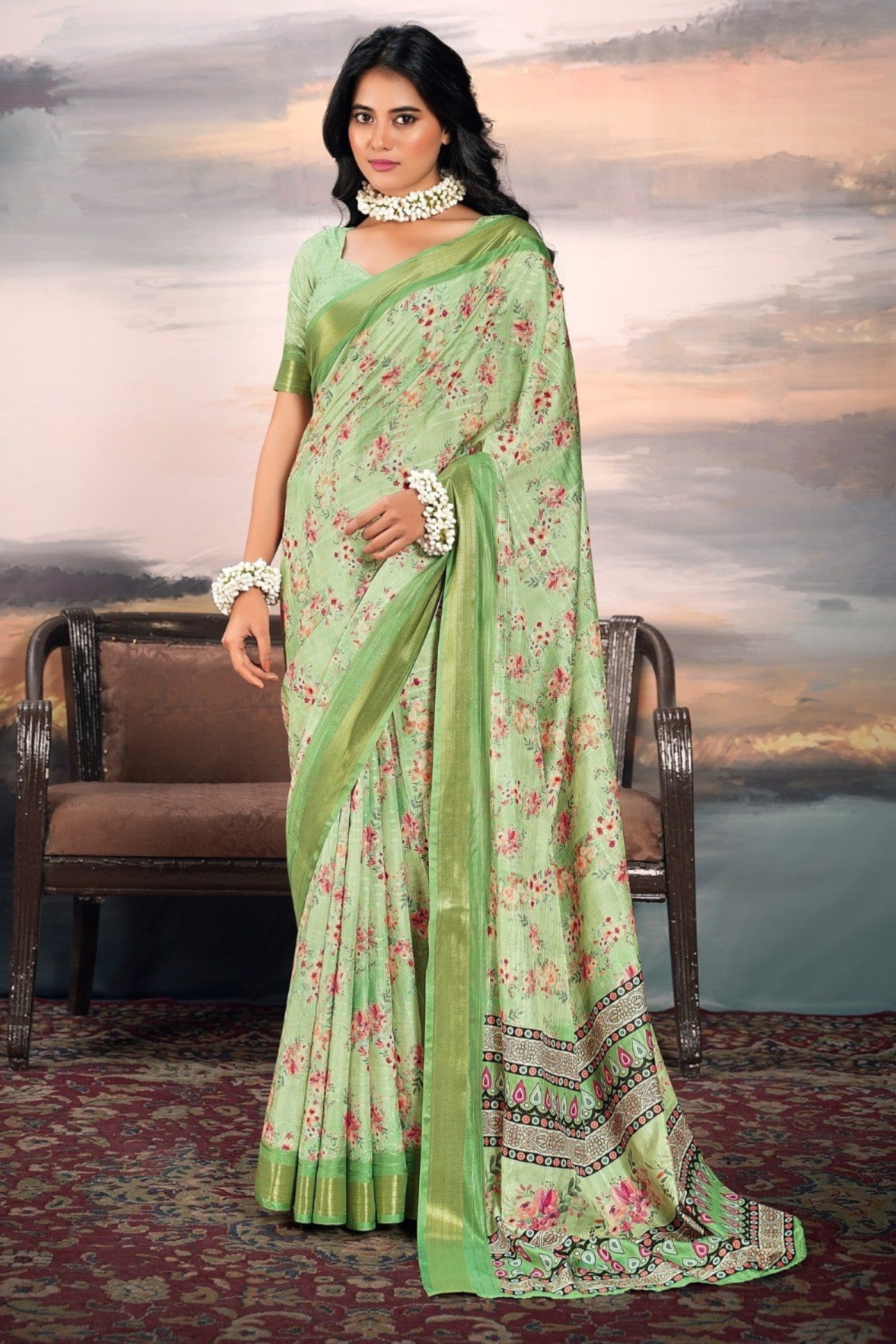 Buy MySilkLove Gurkha Green Digital Printed Cotton Saree Online