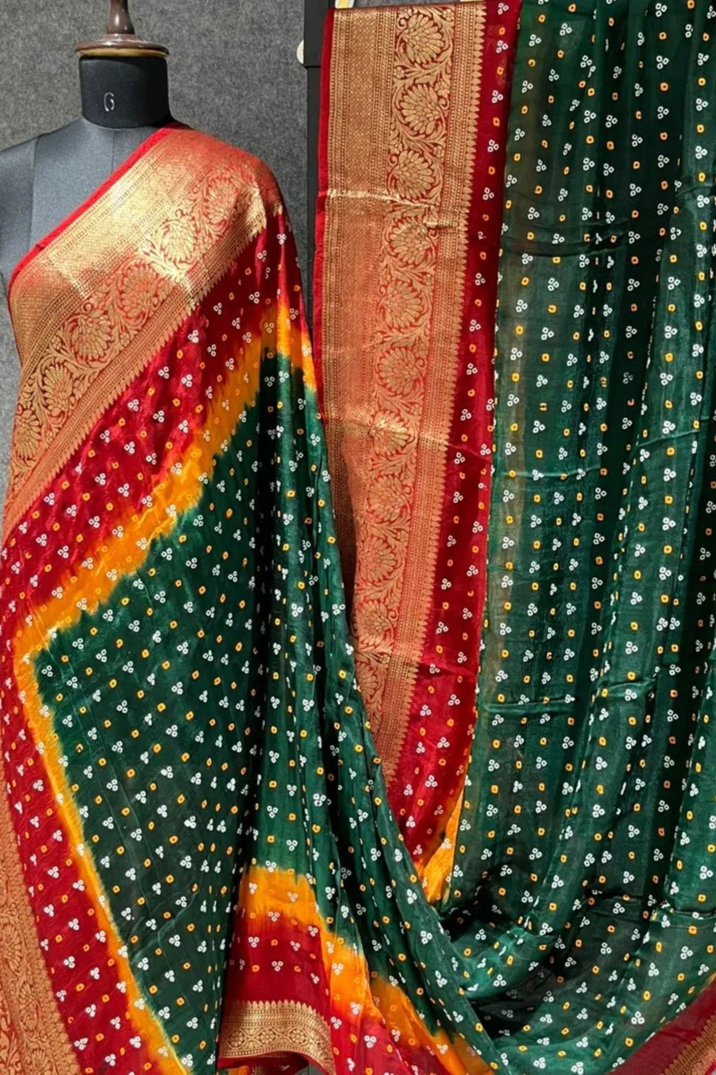 Buy MySilkLove Hunter Green and Orange Bandhani Zari Woven Silk Saree Online