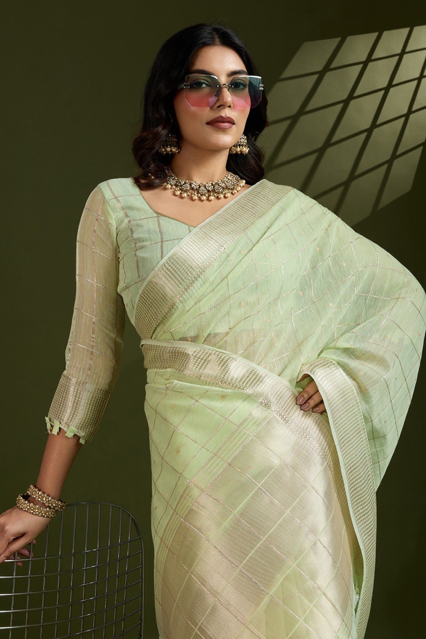 Buy MySilkLove Pista Green Woven Tissue Linen Saree Online