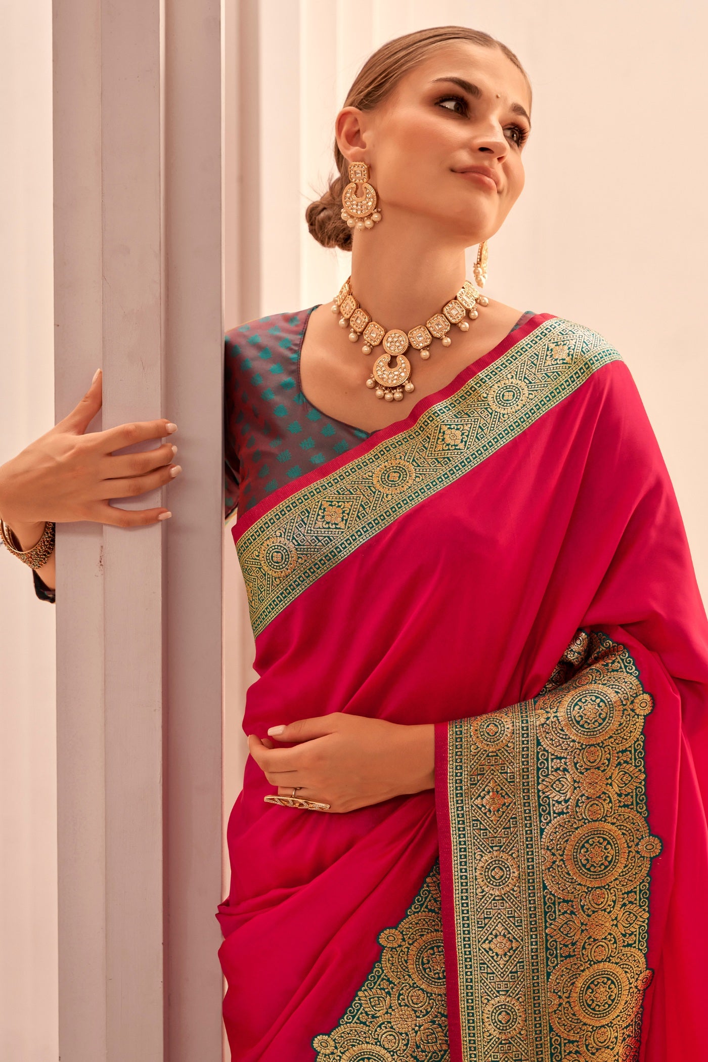 MySilkLove Poppy Pink Woven Banarasi Soft Silk Saree