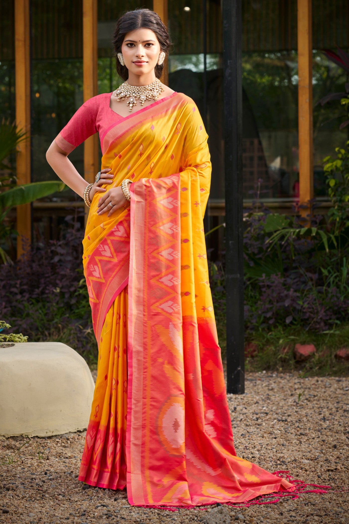 Buy MySilkLove Bright Yellow Ikkat Soft Silk Saree Online