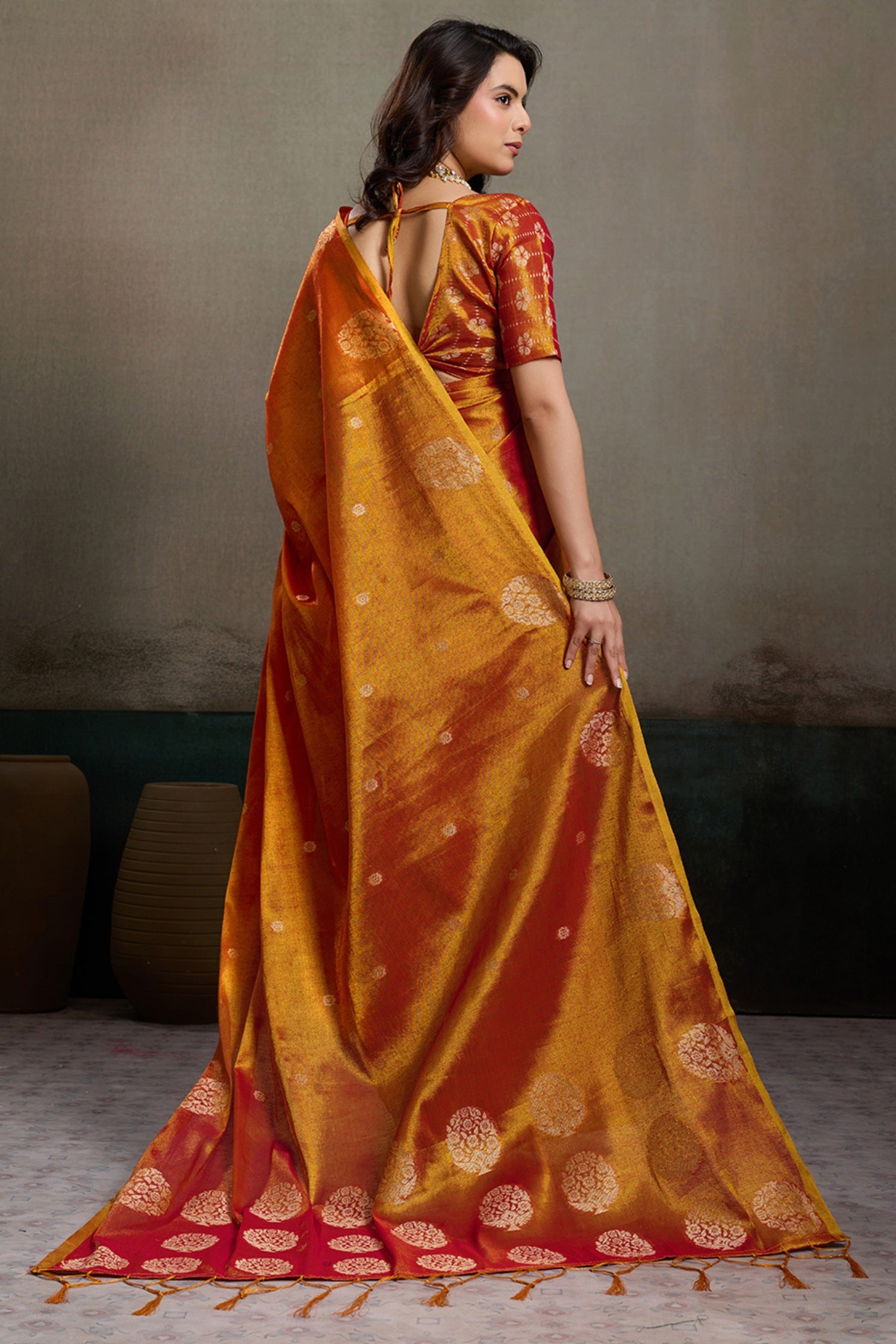Buy MySilkLove Terracotta Orange Woven Tissue Saree Online