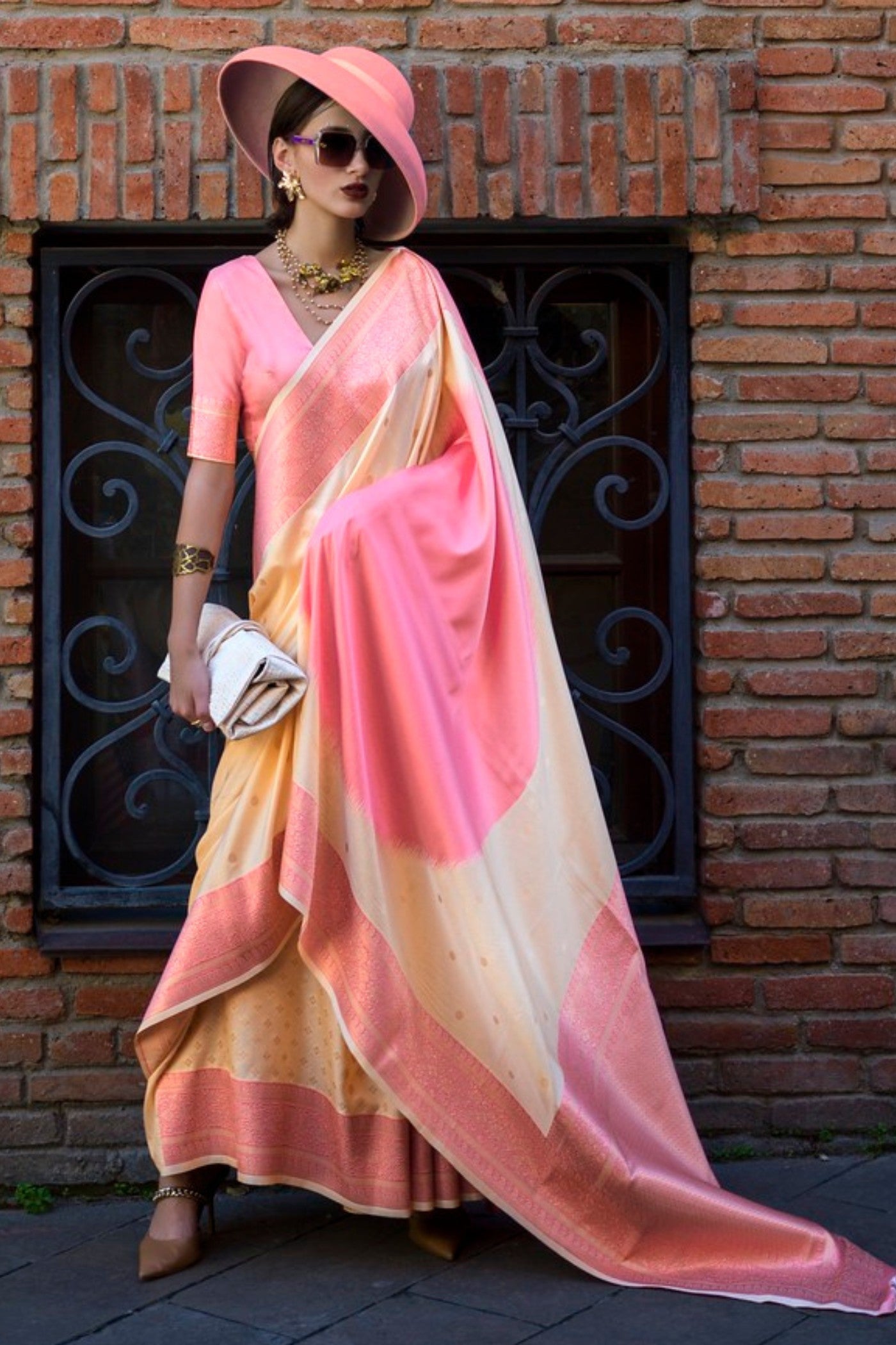 Buy MySilkLove Mancho Cream and Pink Banarasi Handloom Saree Online