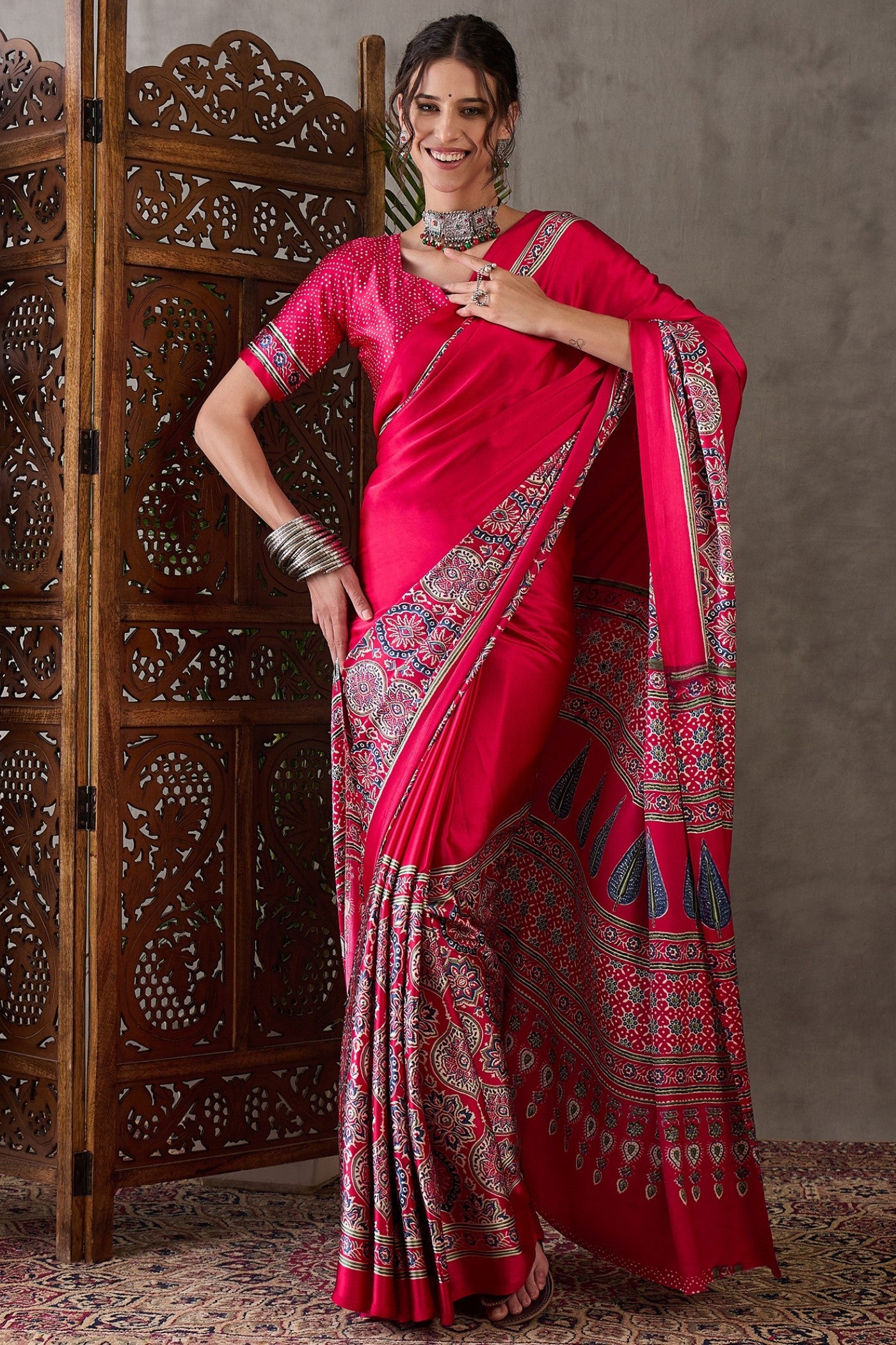 Buy MySilkLove Garnet Red Printed Satin Gaji Silk Saree Online