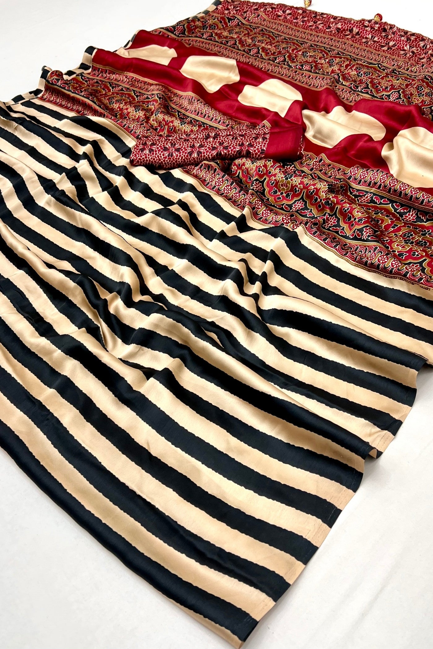 Buy MySilkLove Buff Cream Stripe Ajrakh Printed Satin Gaji Silk Saree Online