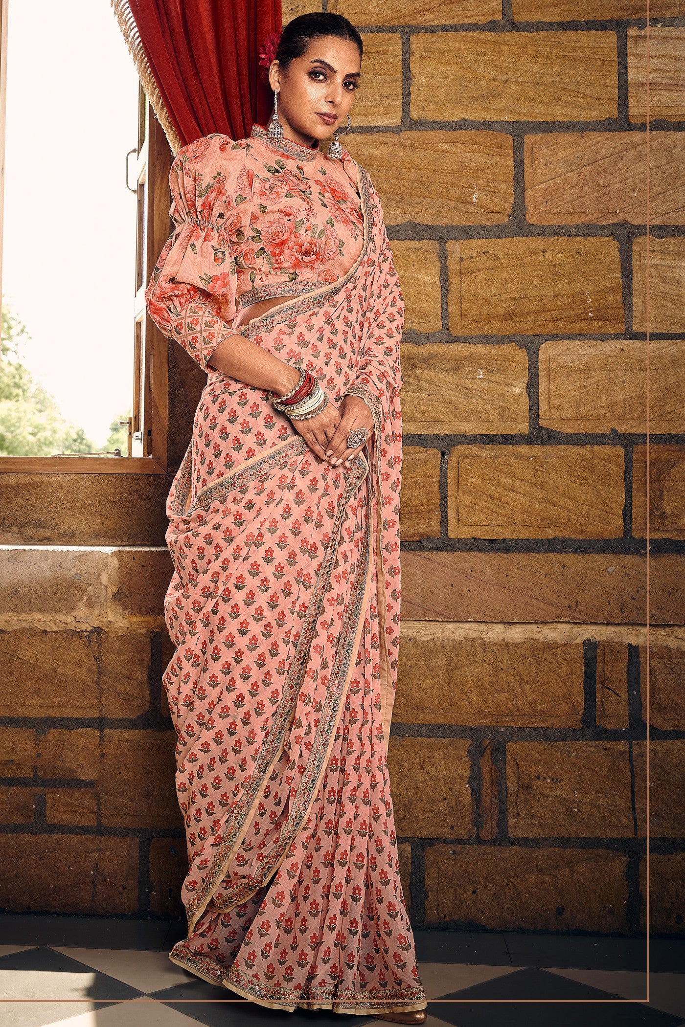 Buy MySilkLove Plum Peach Georgette Digital Printed Saree Online