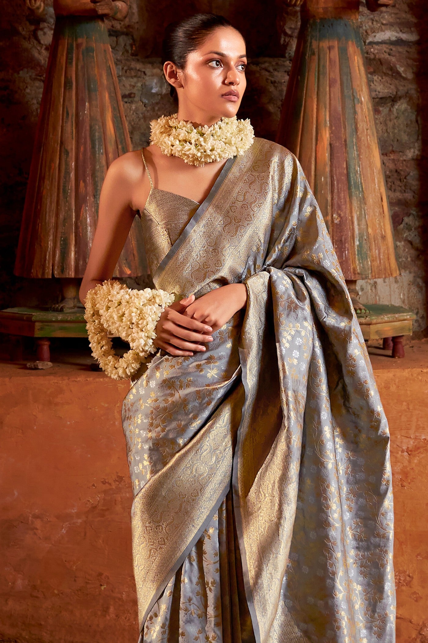 Buy MySilkLove Squirrel Grey Woven Banarasi Saree Online