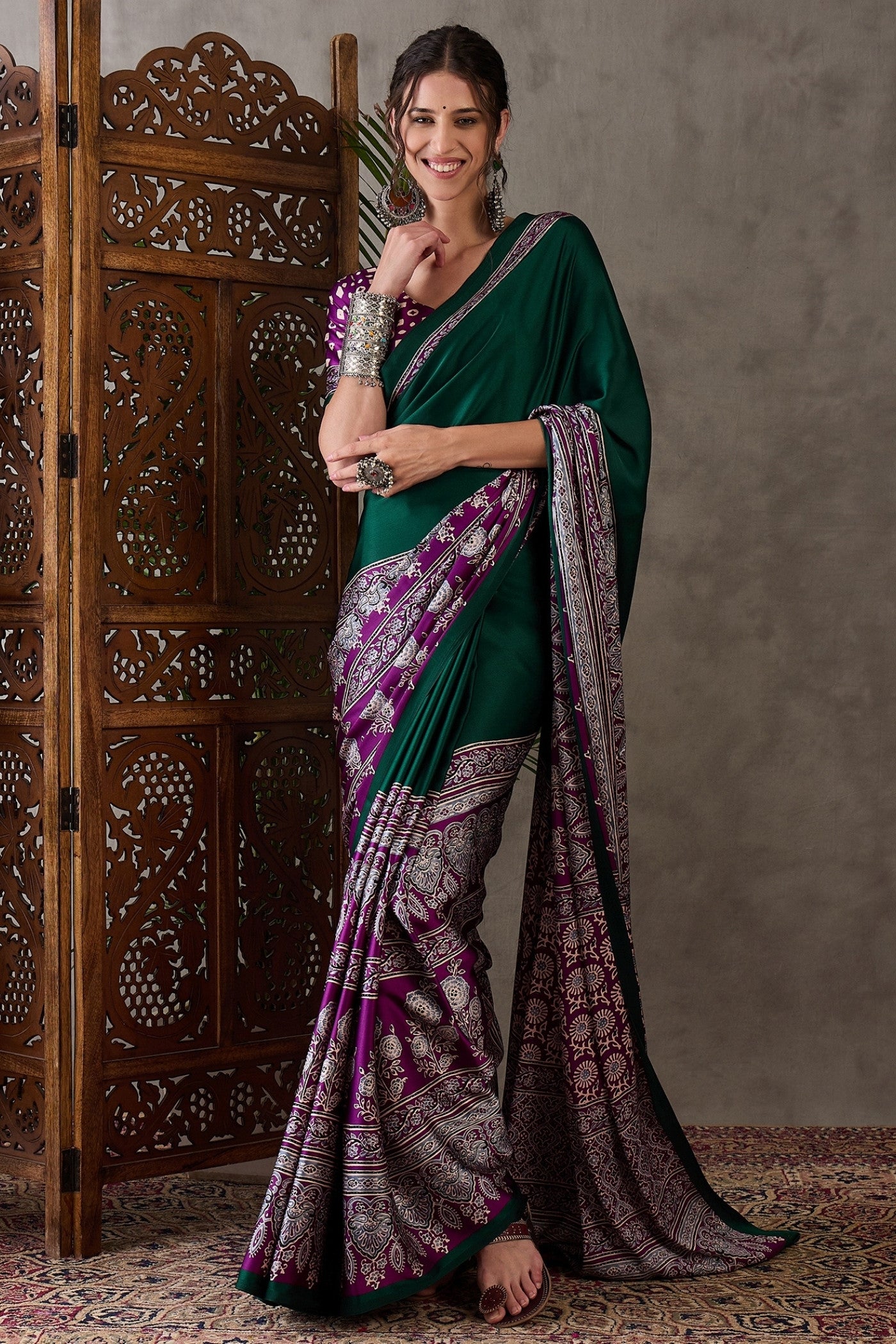 Buy MySilkLove Bottle Green Printed Satin Gaji Silk Saree Online