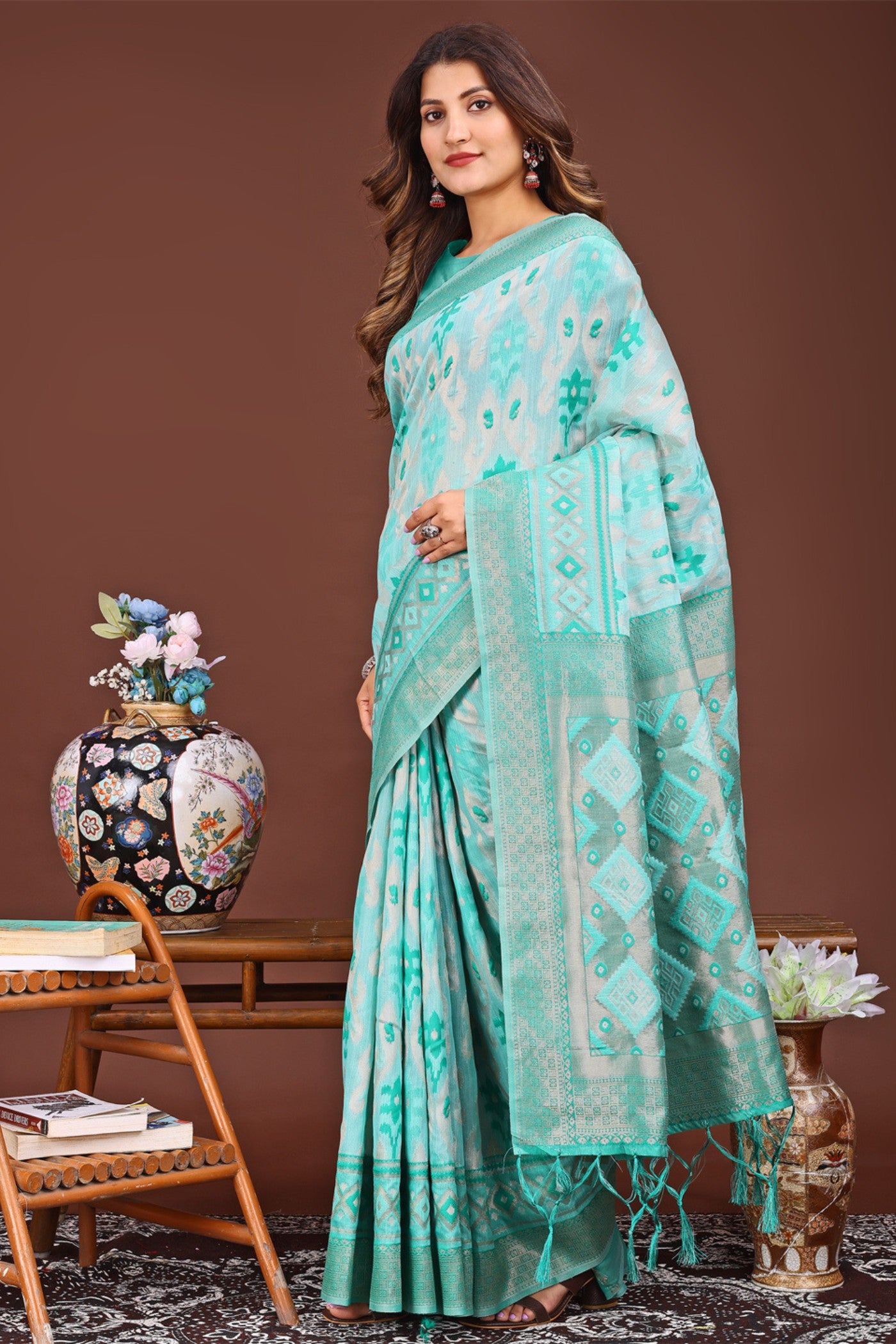 Buy MySilkLove Iris Light Blue Woven Linen Cotton Saree Online