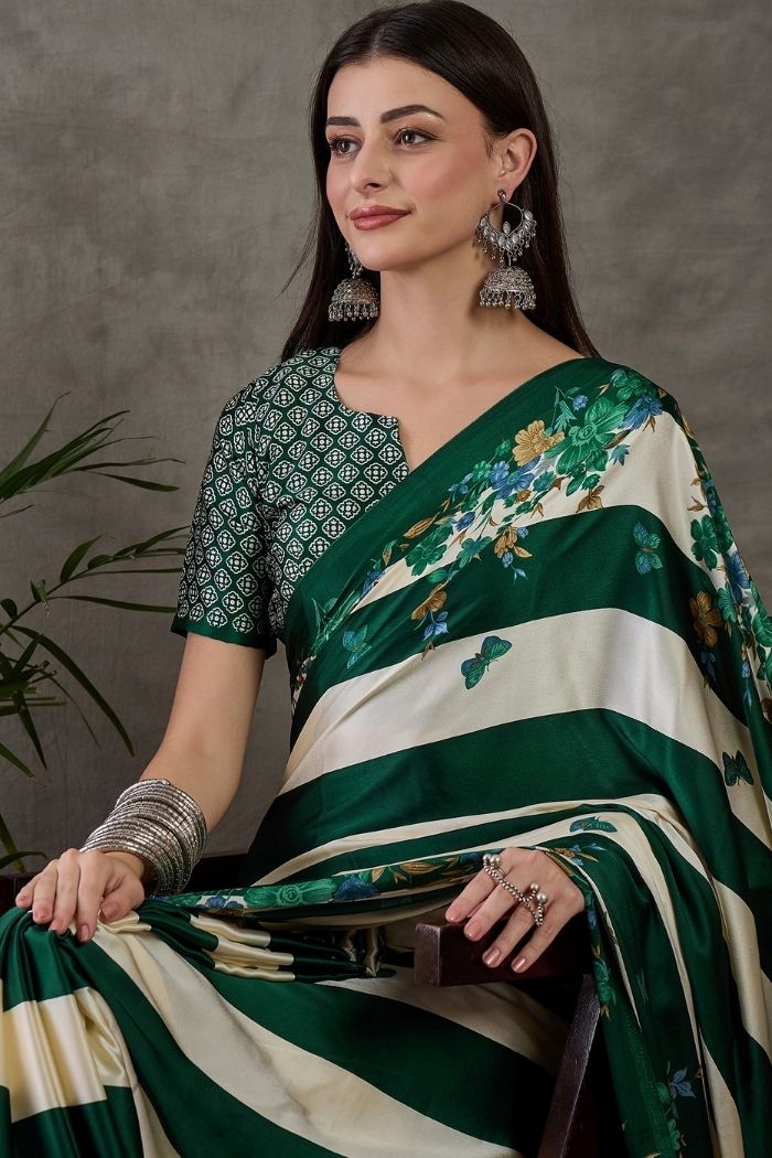 MySilkLove Tree Green Stripe Printed Floral Satin Gaji Silk Saree