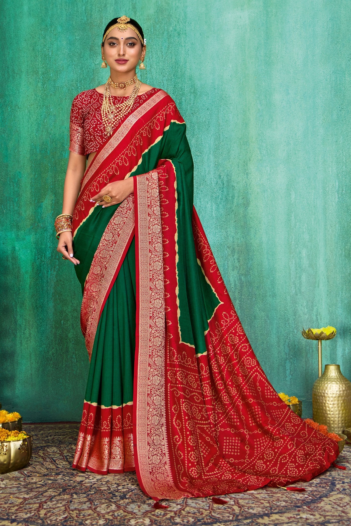 Buy MySilkLove Dark Green Tussar Bandhani Silk Saree Online