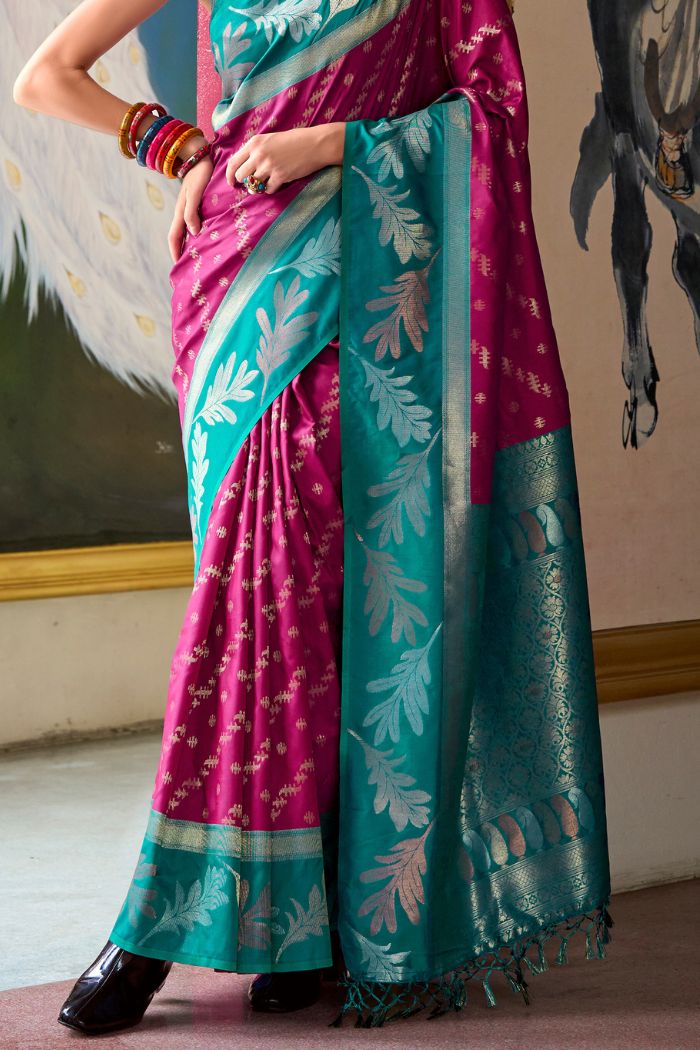 Buy MySilkLove Rose Bud Cherry Purple and Green Banarasi Soft Silk Saree Online