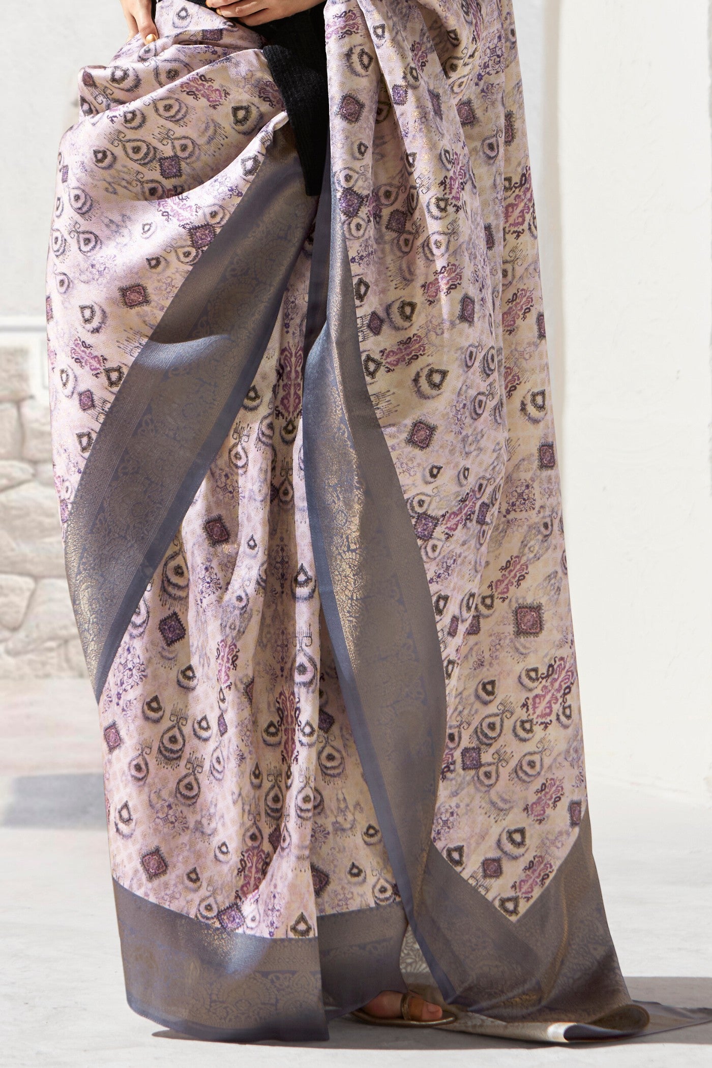 Buy MySilkLove Hemp Cream and Grey Banarasi Digital Printed Saree Online