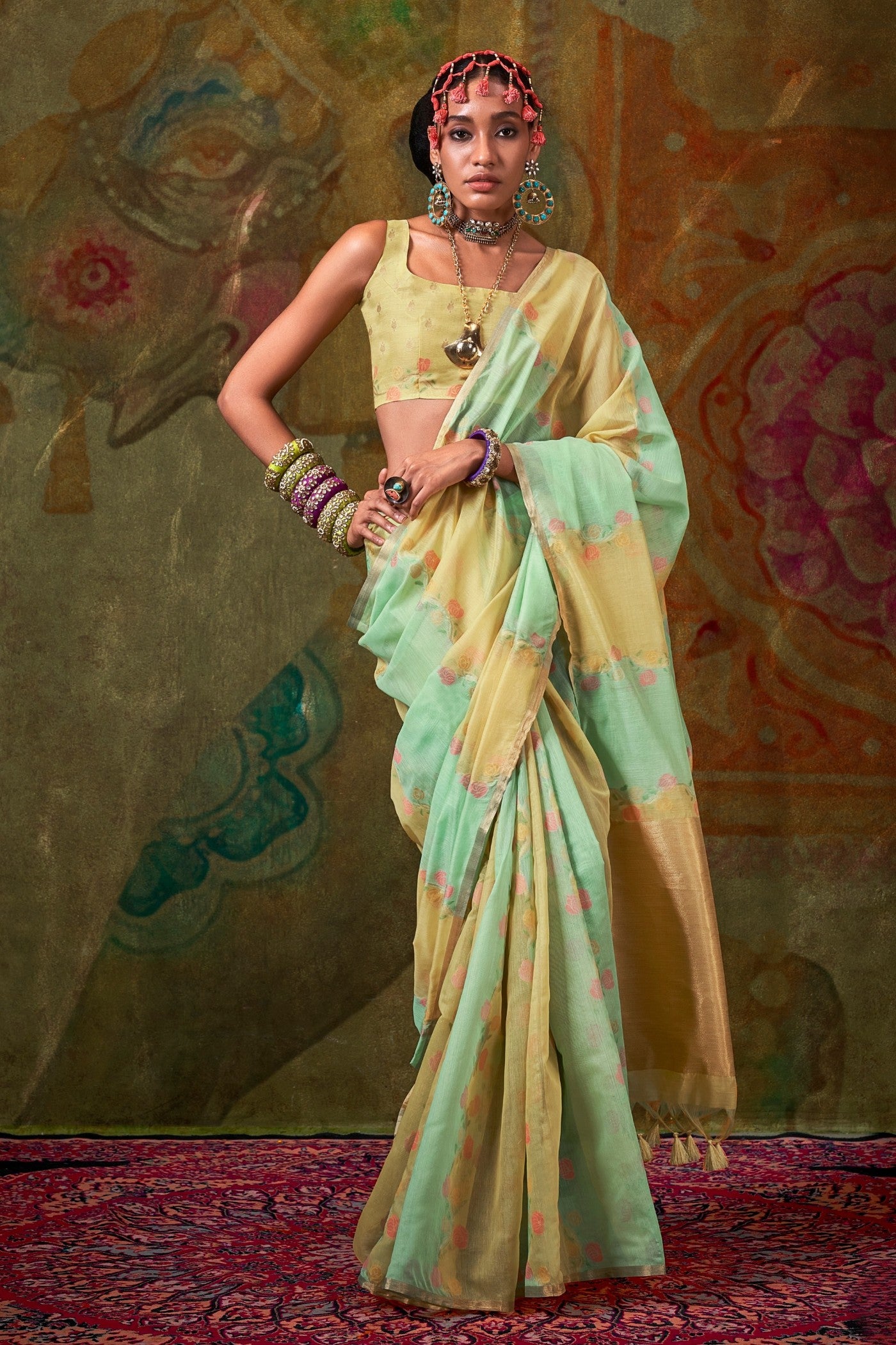 Buy MySilkLove Hillary Green and Yellow Banarasi Handloom Saree Online