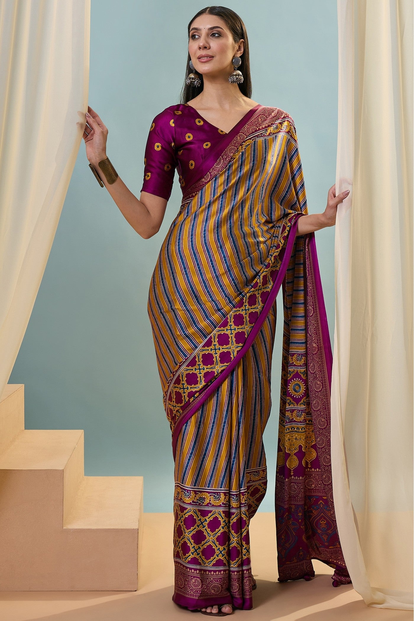 Buy MySilkLove Vesper Purple Ajrakh Printed Satin Crepe Silk Saree Online