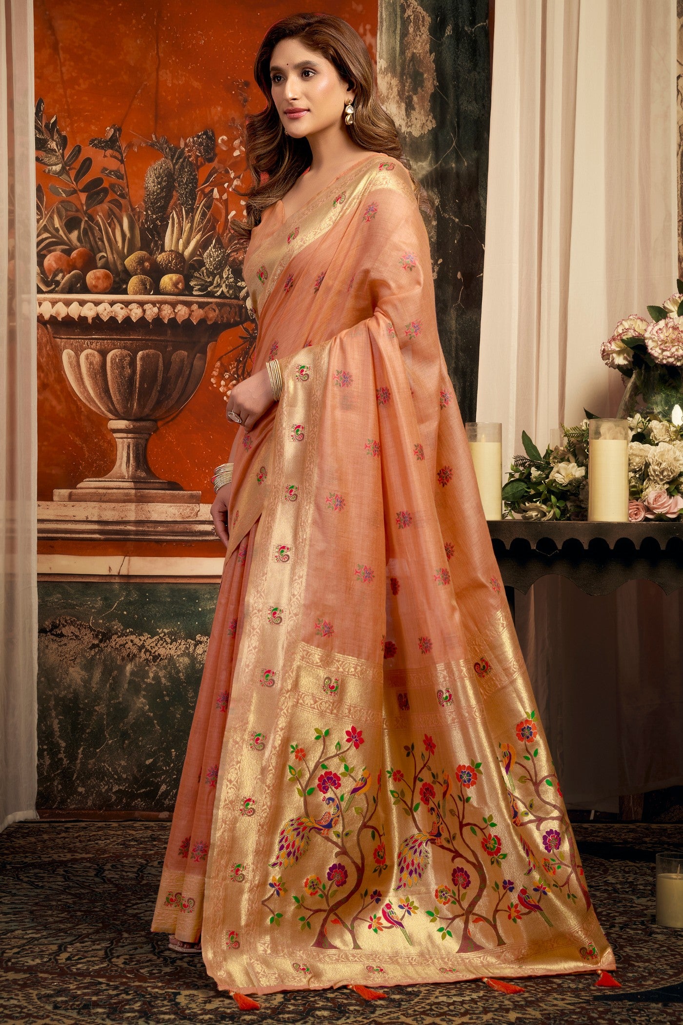 Buy MySilkLove Heather Peach Zari Woven Paithani Saree Online