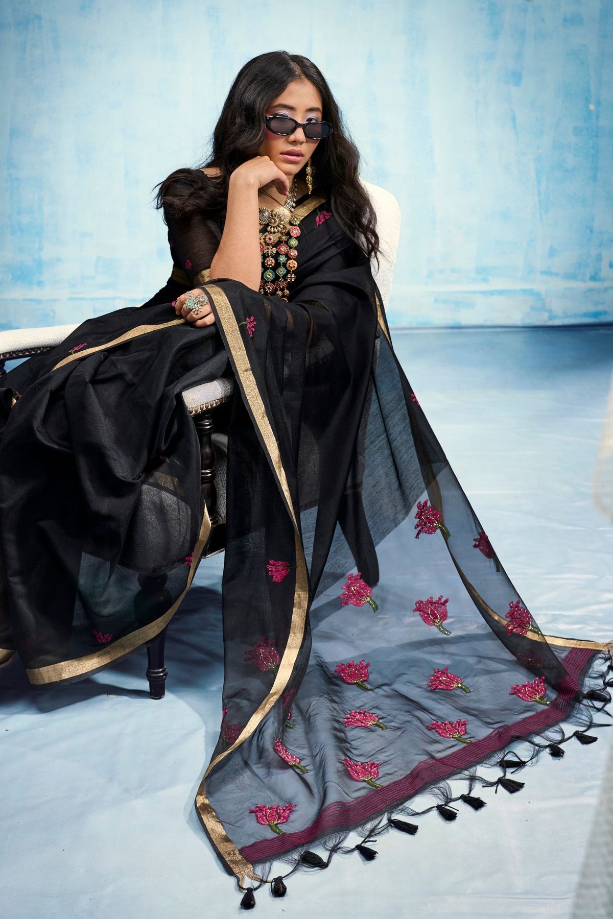 MySilkLove Jet Black Munga Handloom Cotton Saree