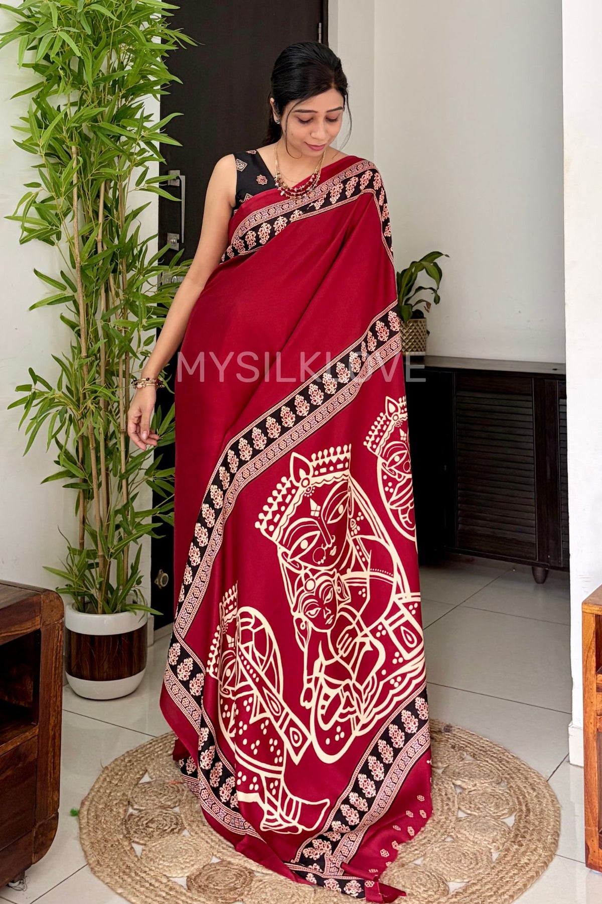 Buy MySilkLove Velvet Maroon Modal Ajrakh Satin Printed Silk Saree Online