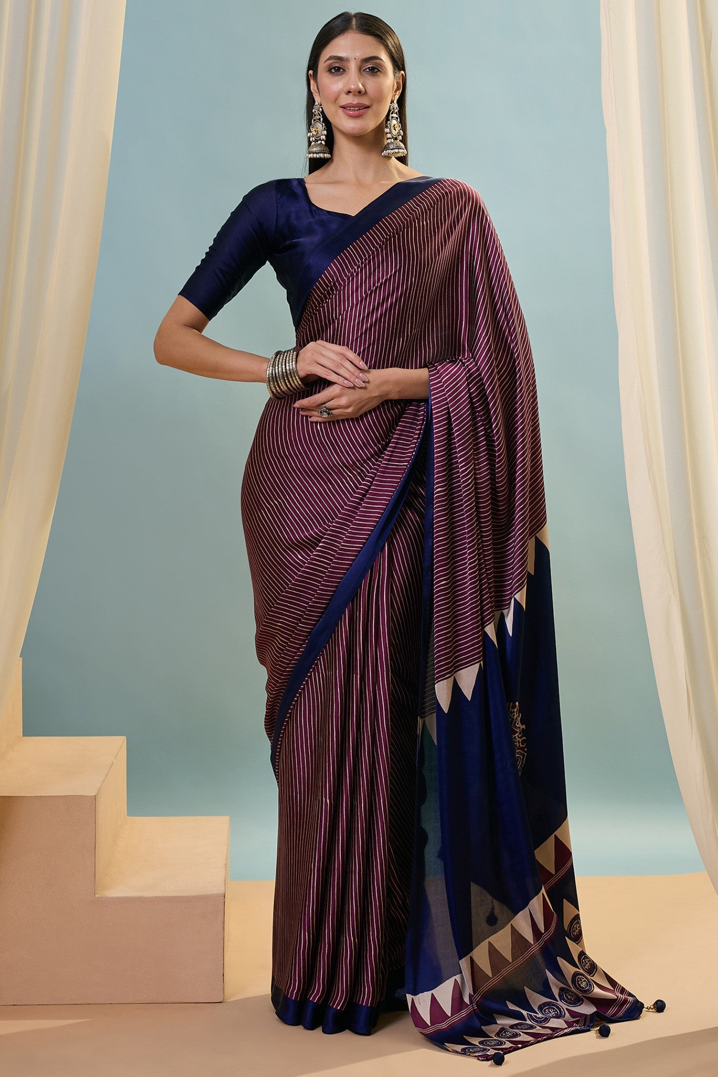 Buy MySilkLove Dark Purple Ajrakh Printed Satin Crepe Silk Saree Online
