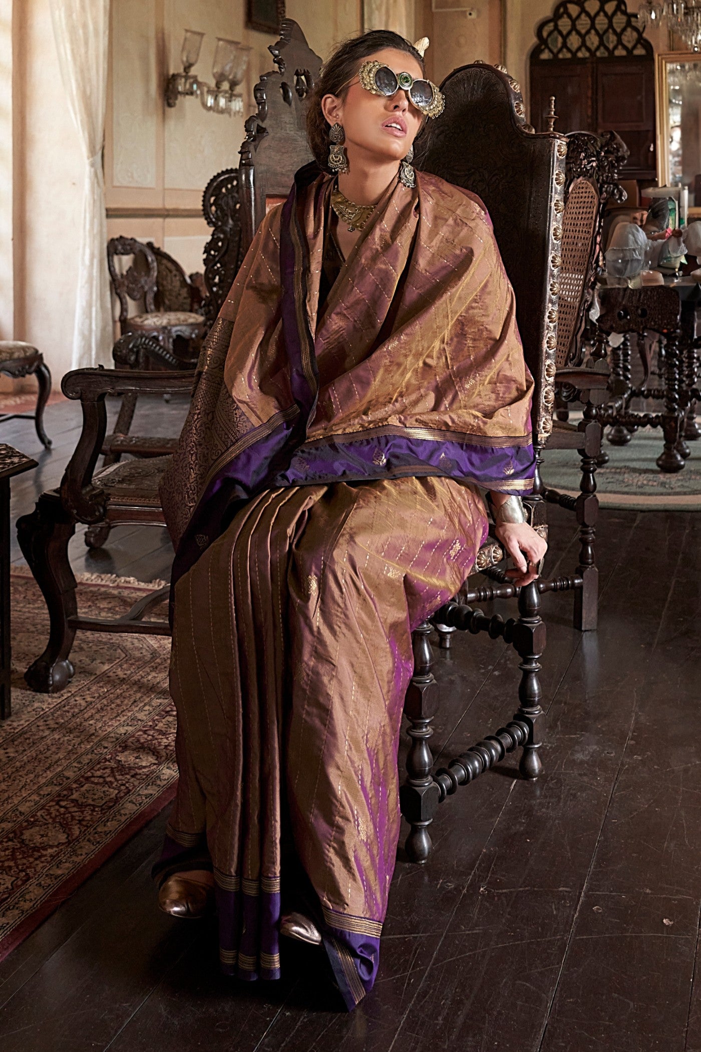 MySilkLove Mocha Brown and Purple Tussar Handloom Silk Saree