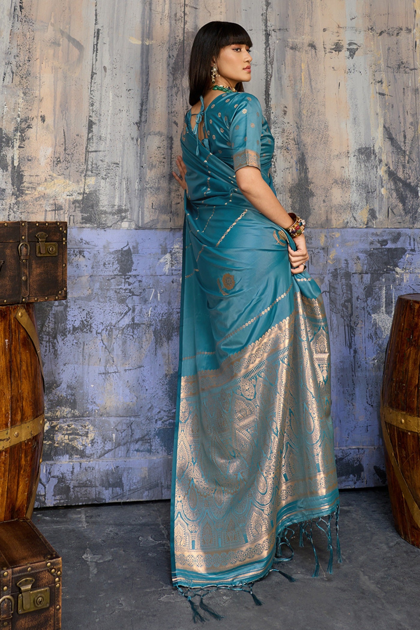 Buy MySilkLove Rail Blue Handloom Satin Silk Saree Online