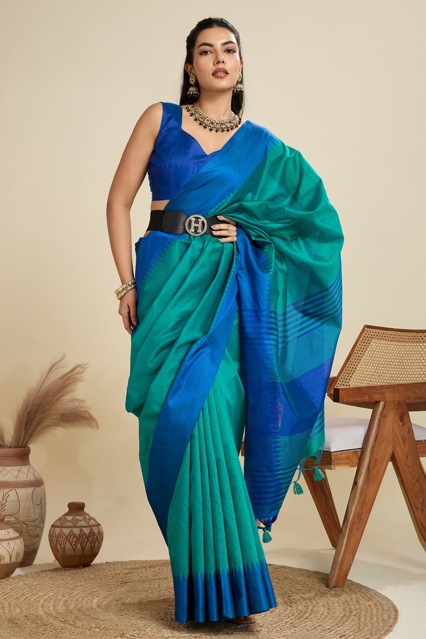 Buy MySilkLove Teal Green Woven Raw Silk Saree Online