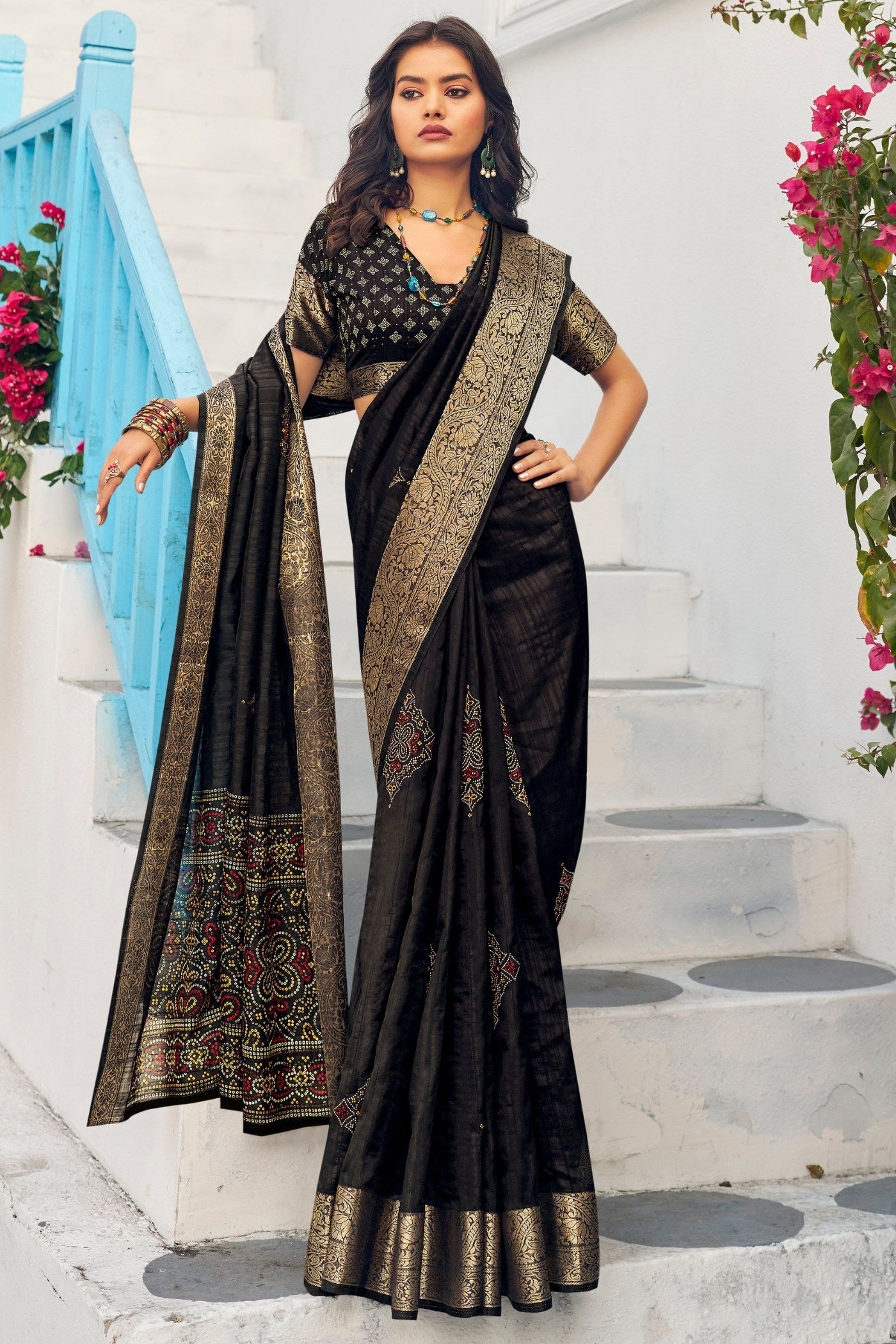 Buy MySilkLove Cocoa Black Banarasi Printed Saree Online