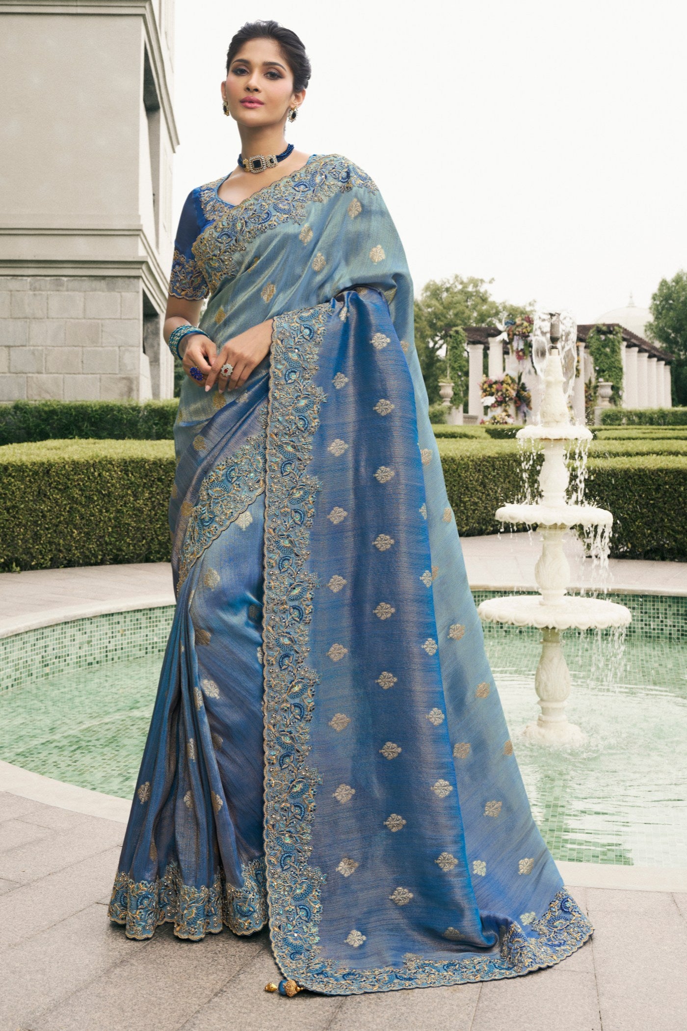 Buy MySilkLove Lynch Blue Banarasi Designer Embroidered Saree Online