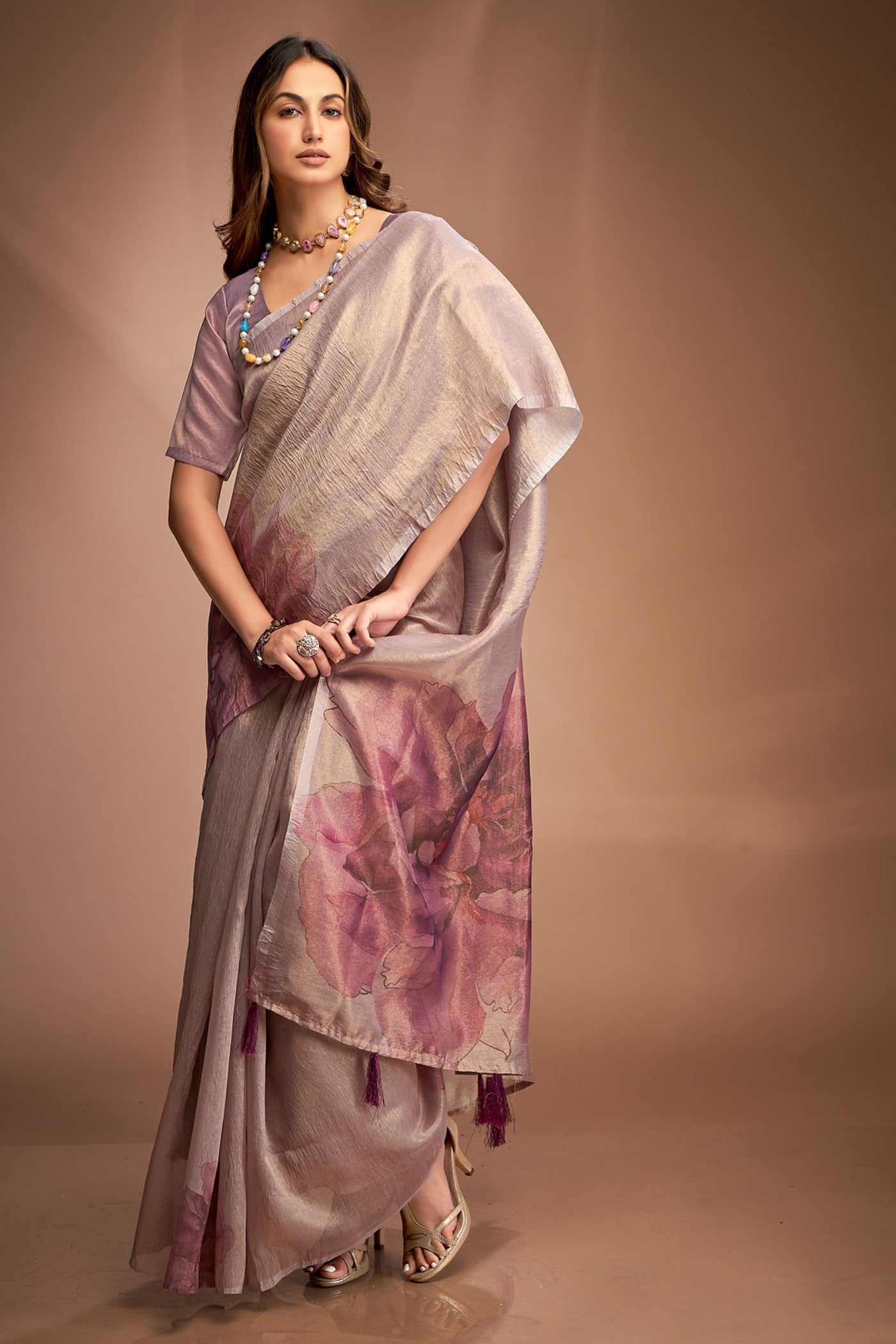 Buy MySilkLove Clematis Purple Printed Tissue Saree Online