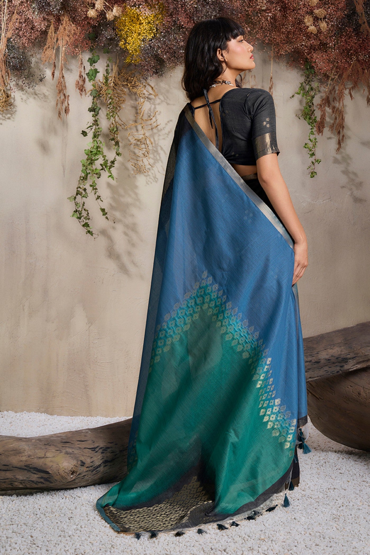 Buy MySilkLove Phantom Black and Blue Handloom Cotton Saree Online