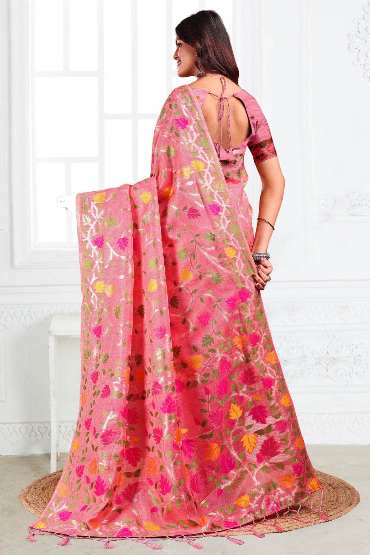 Buy MySilkLove Coral Pink Woven Linen Cotton Saree Online