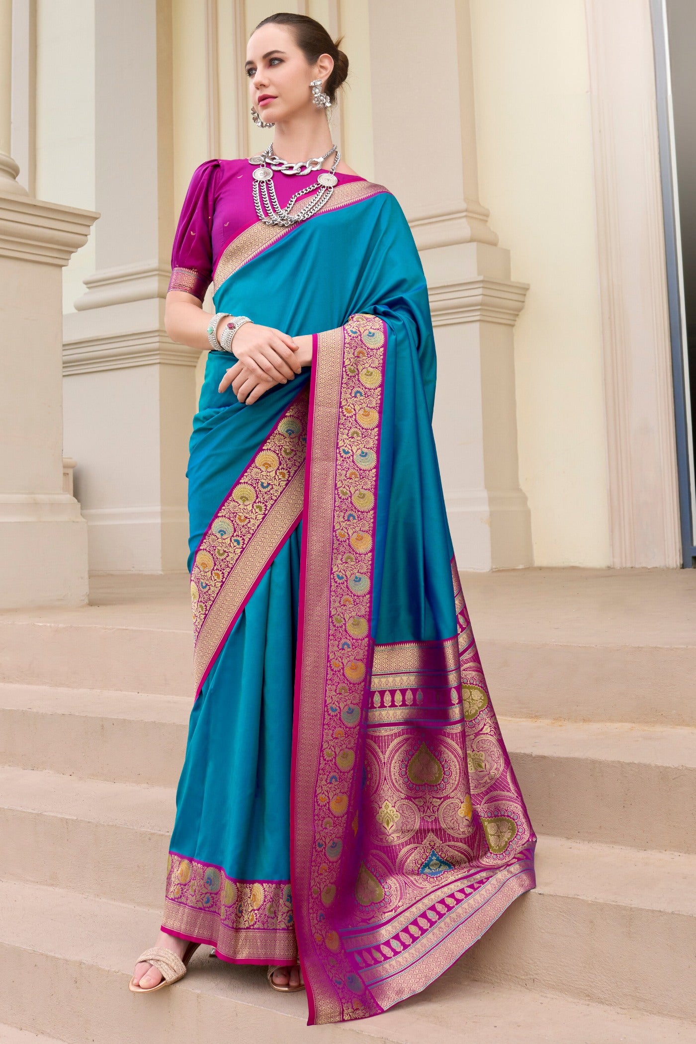 Buy MySilkLove Bahama Blue Woven Banarasi Soft Silk Saree Online