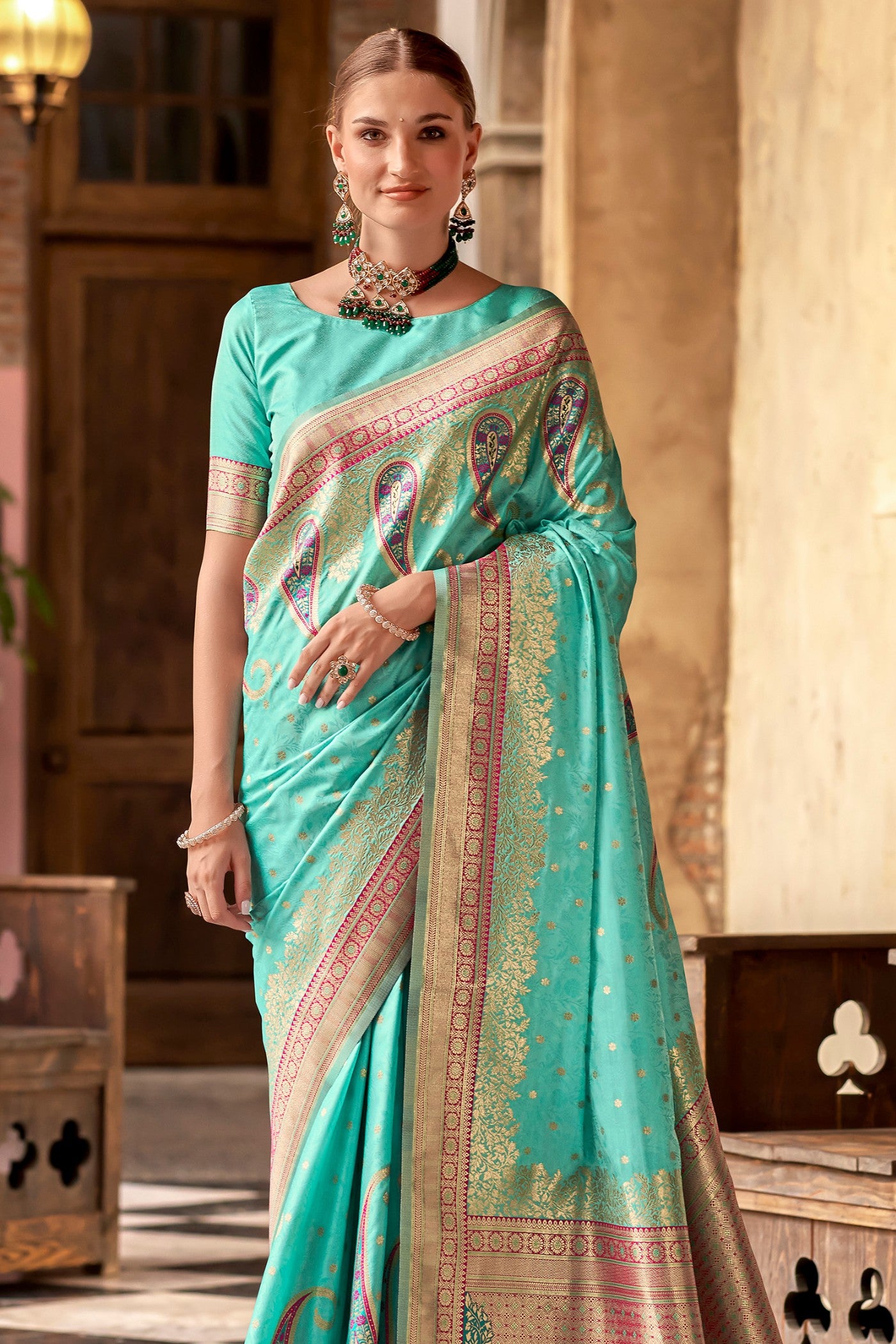 Buy MySilkLove Sky Blue Banarasi Soft Silk Saree Online