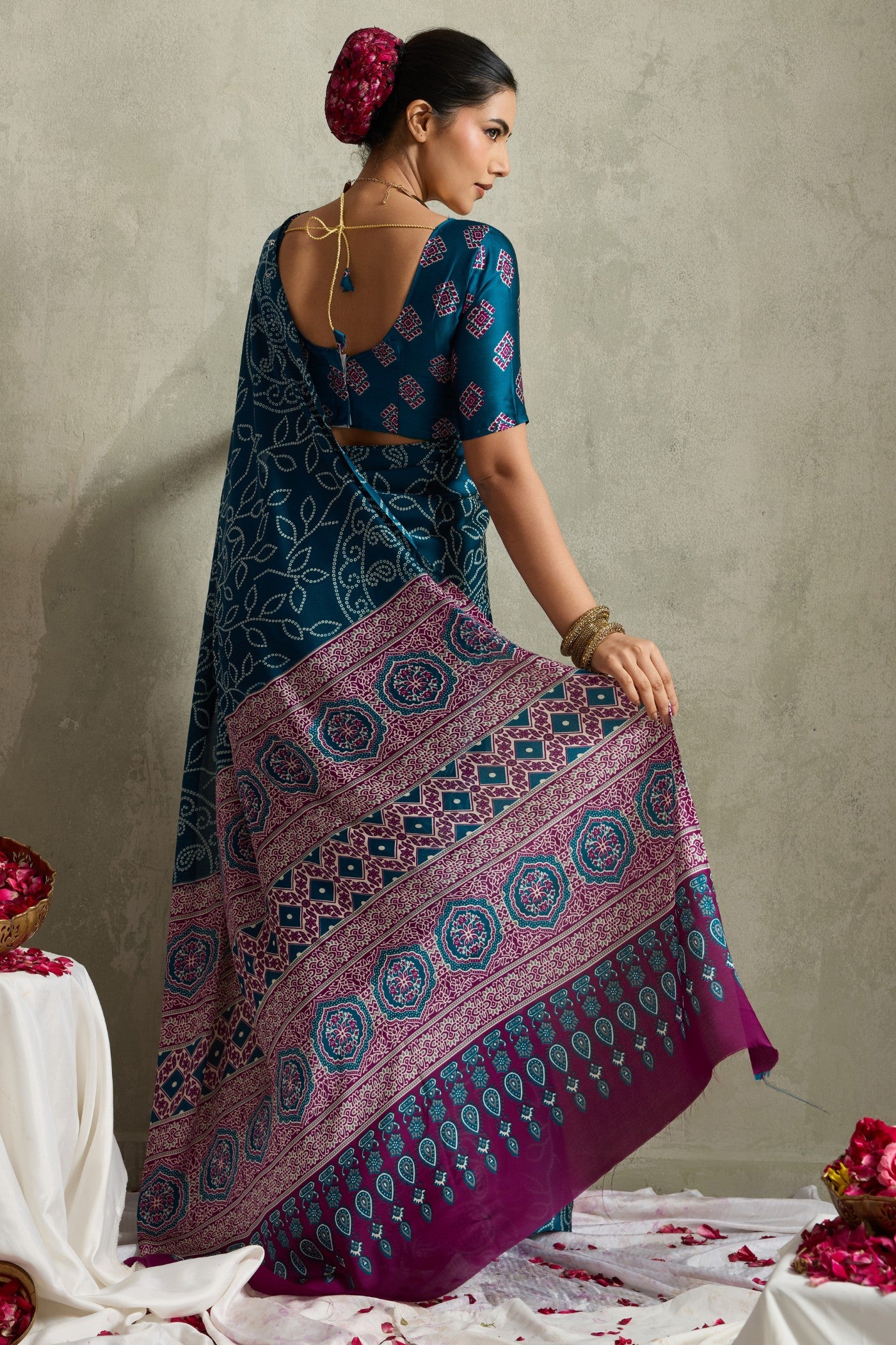 Buy MySilkLove Midnight Blue Bandhani Printed Silk Saree Online