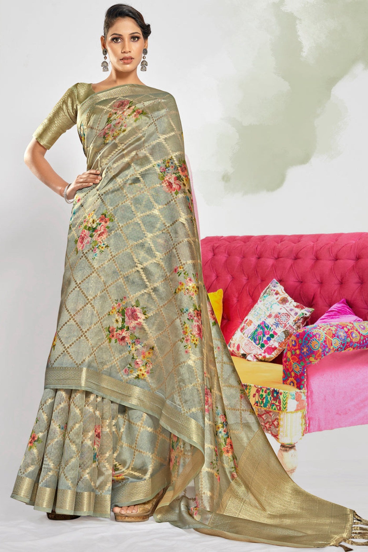 Buy MySilkLove Dolphin Grey Digital Printed Banarasi Saree Online