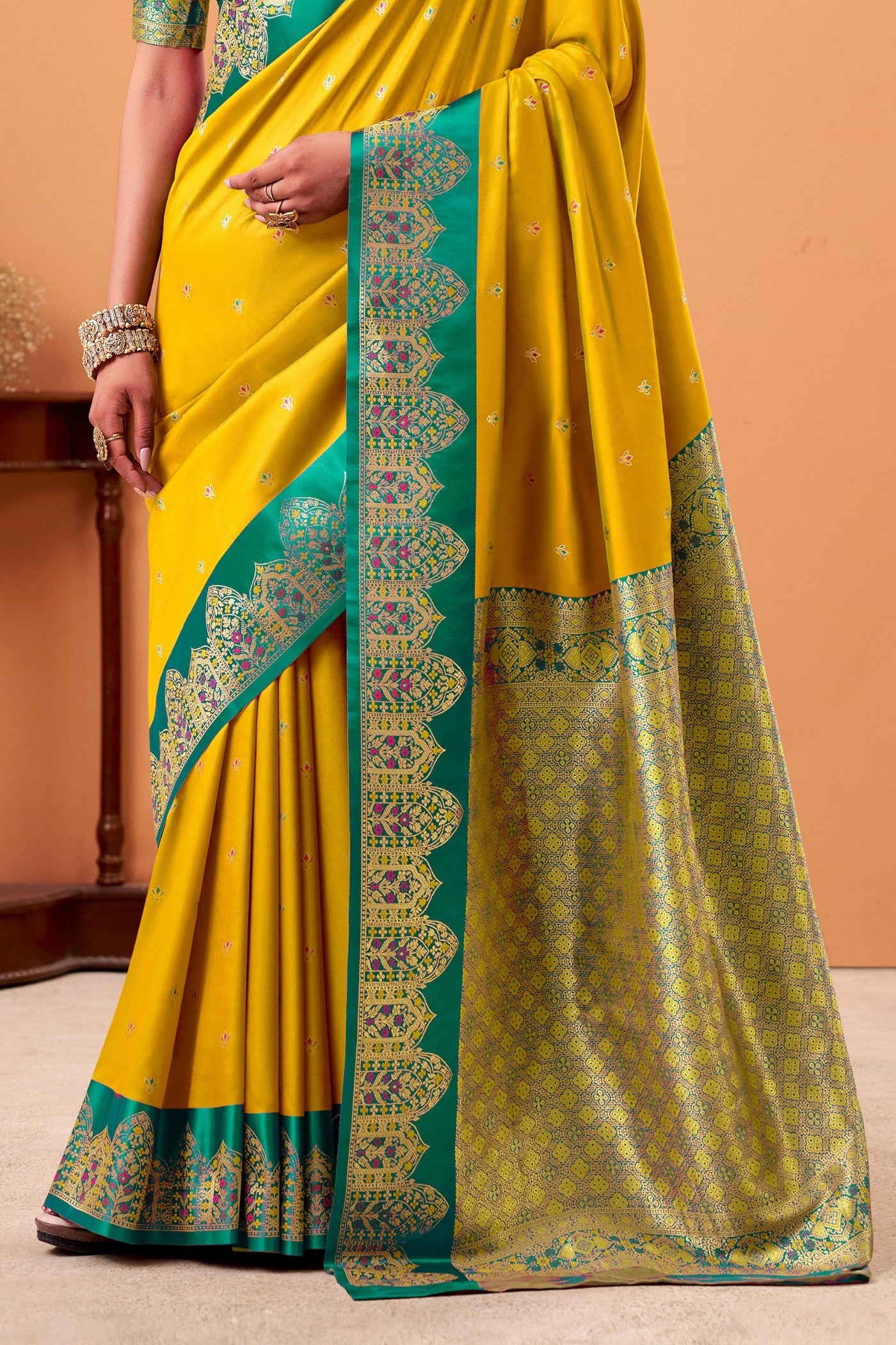 Buy MySilkLove Minion Yellow Woven Satin Soft Silk Saree Online