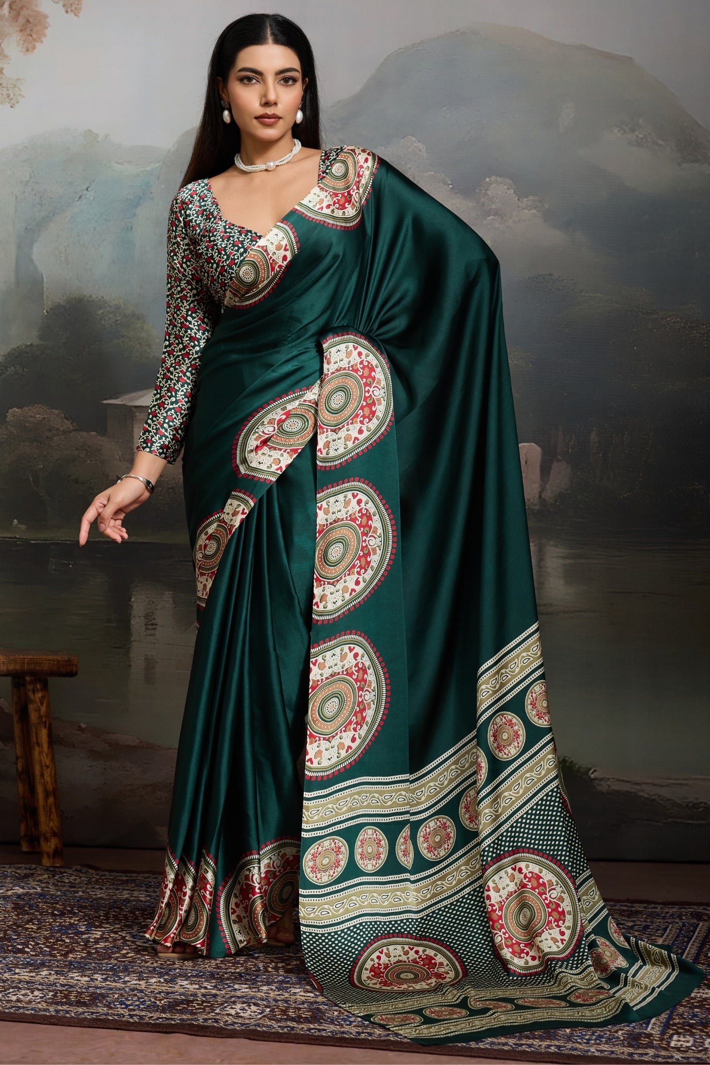 Buy MySilkLove Basil Green Modal Ajrakh Printed Silk Saree Online