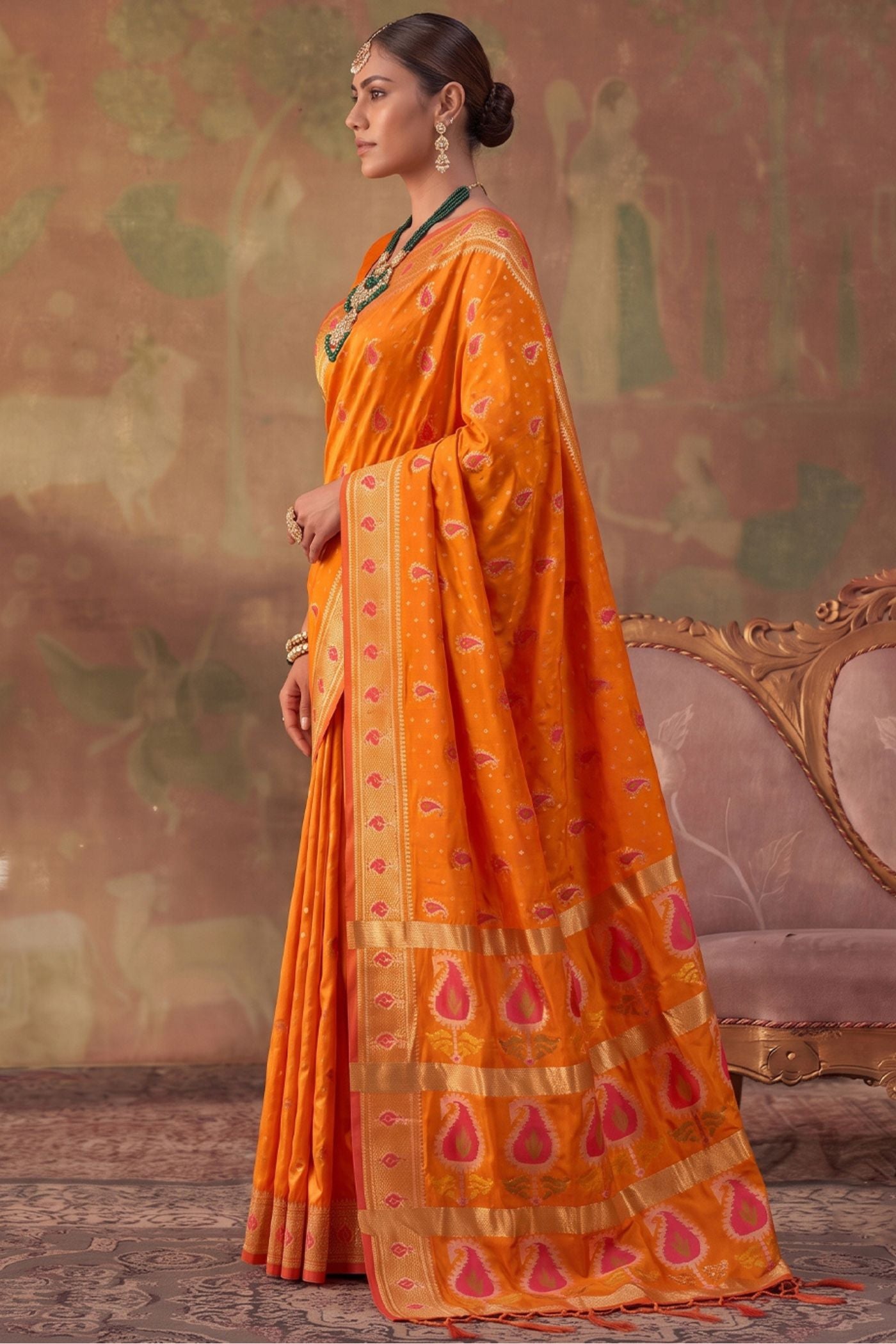 Buy MySilkLove Burnt Orange Woven Banarasi Soft Silk Saree Online