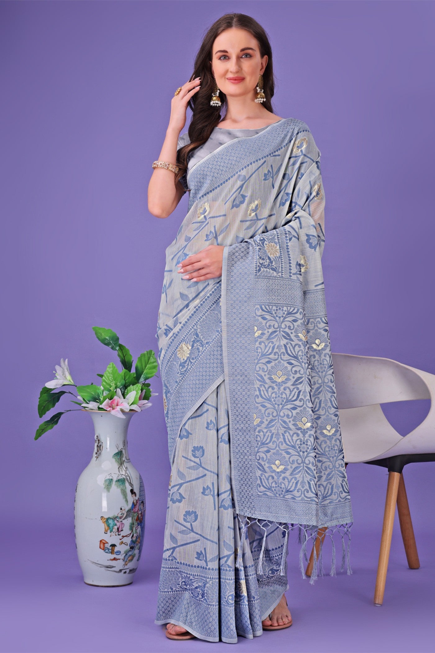 Buy MySilkLove Space Blue Linen Cotton Saree Online