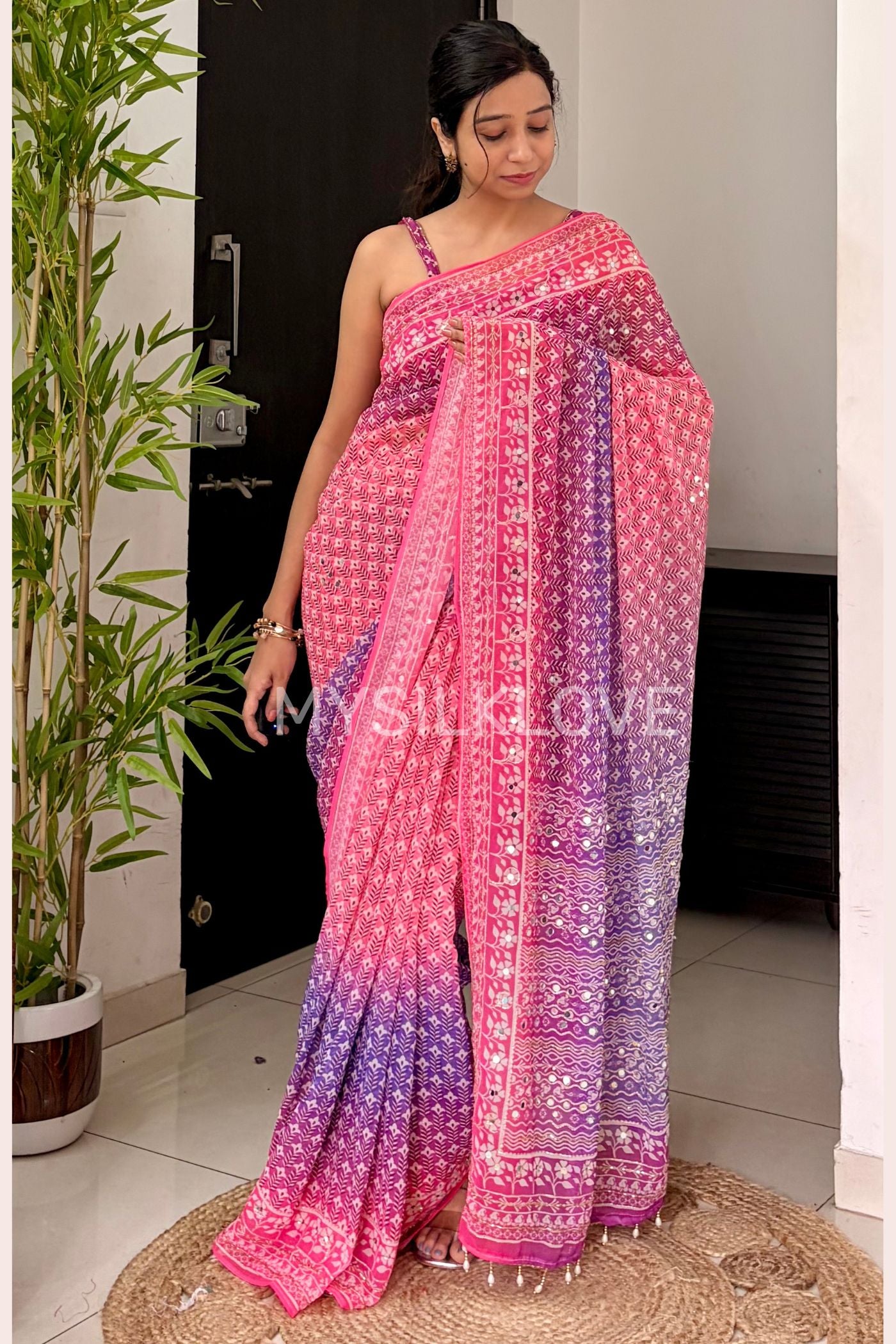 Buy MySilkLove Baby Pink and Purple Ajrakh Georgette Mirror Work Saree Without Blouse Online