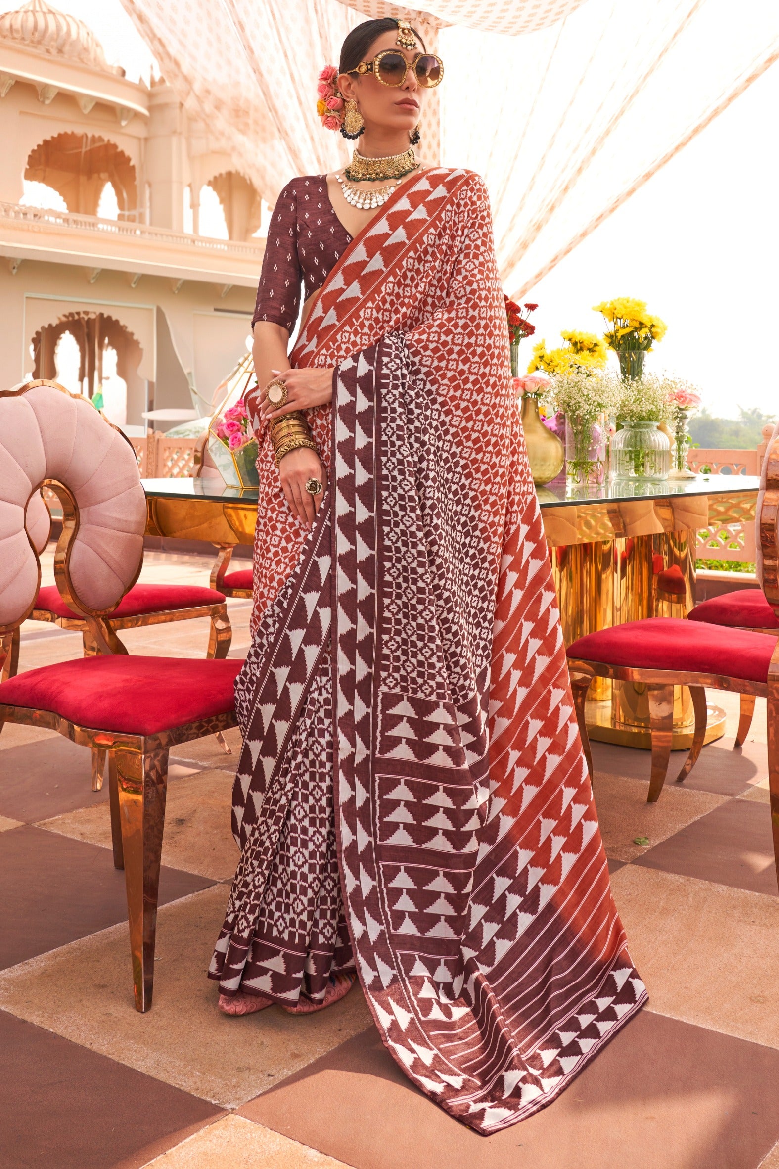 Buy MySilkLove Fuzzy Orange and Brown Printed Patola Saree Online