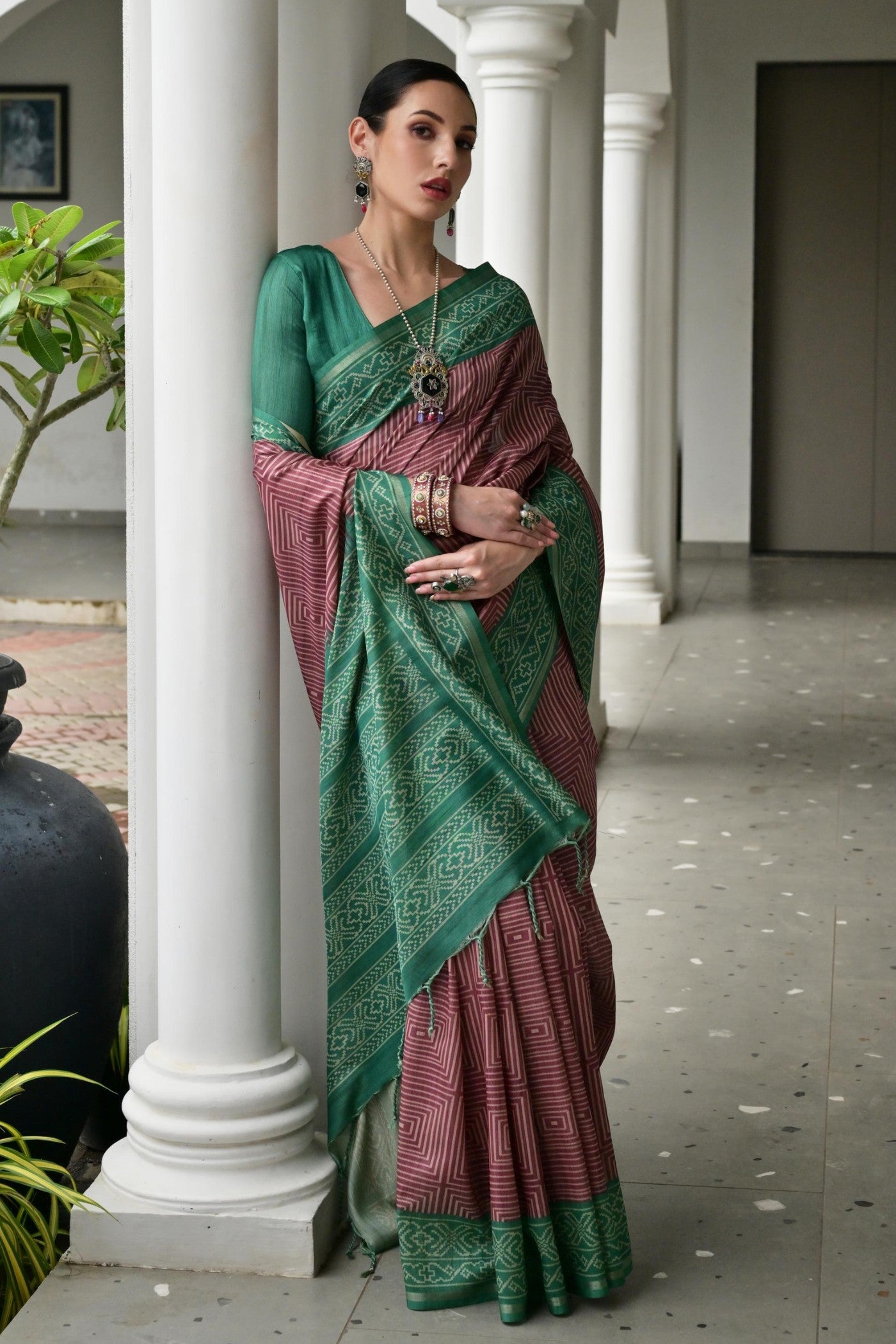 Buy MySilkLove Eggplant Purple and Green Printed Tussar Silk Saree Online