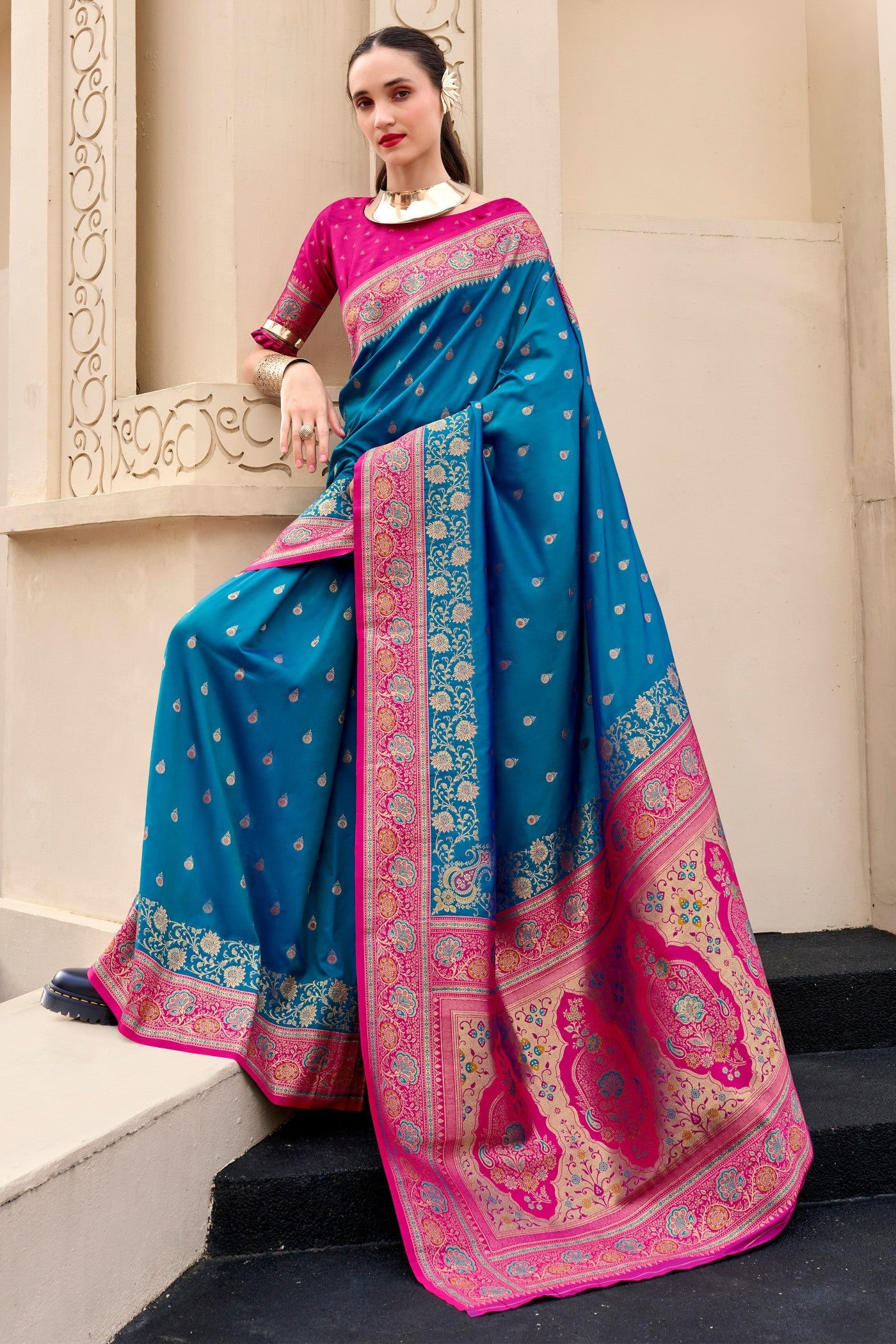 Buy MySilkLove Dark Aquamarine Blue Woven Banarasi Saree Online