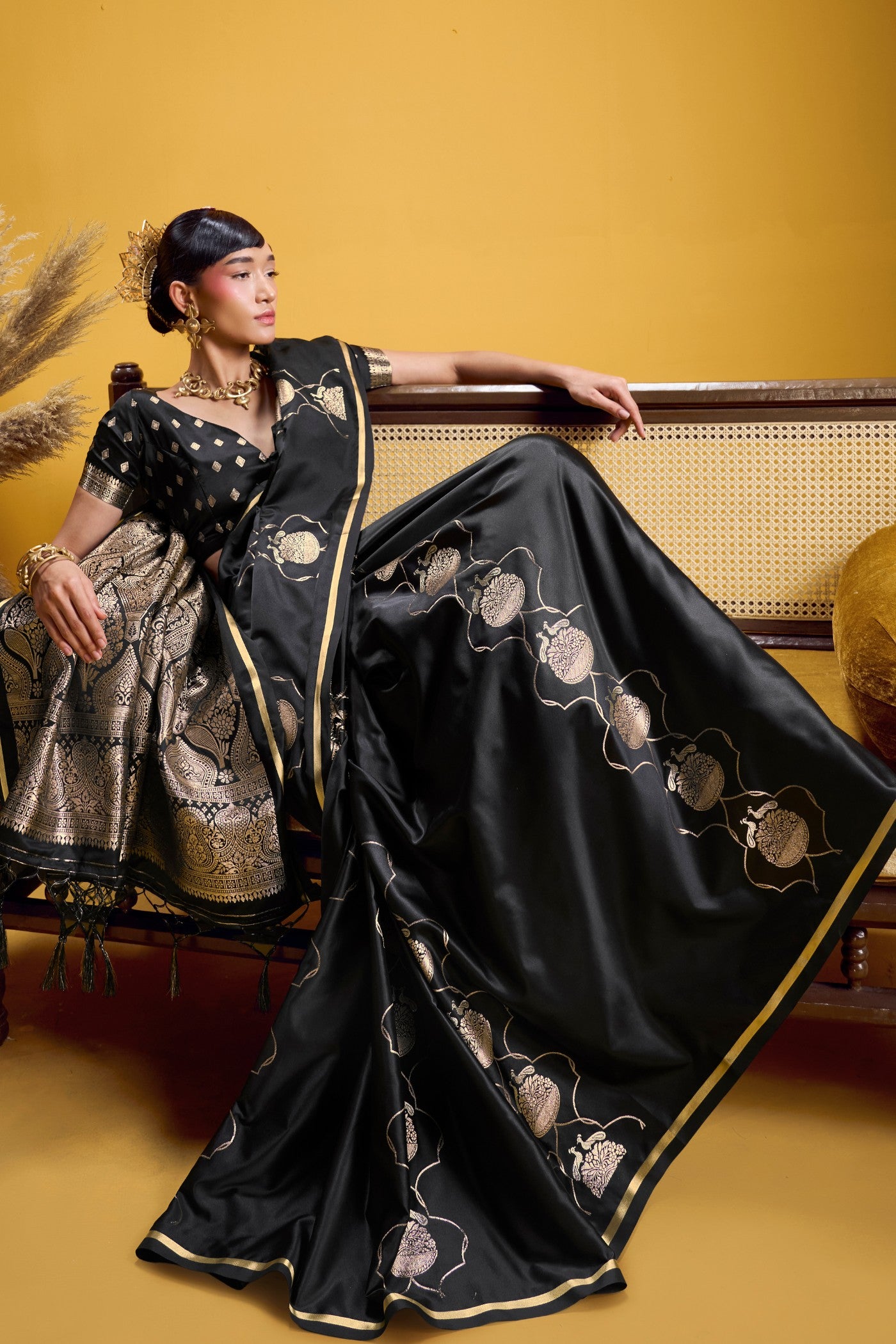 Buy MySilkLove Charcoal Black Handloom Satin Silk Saree Online